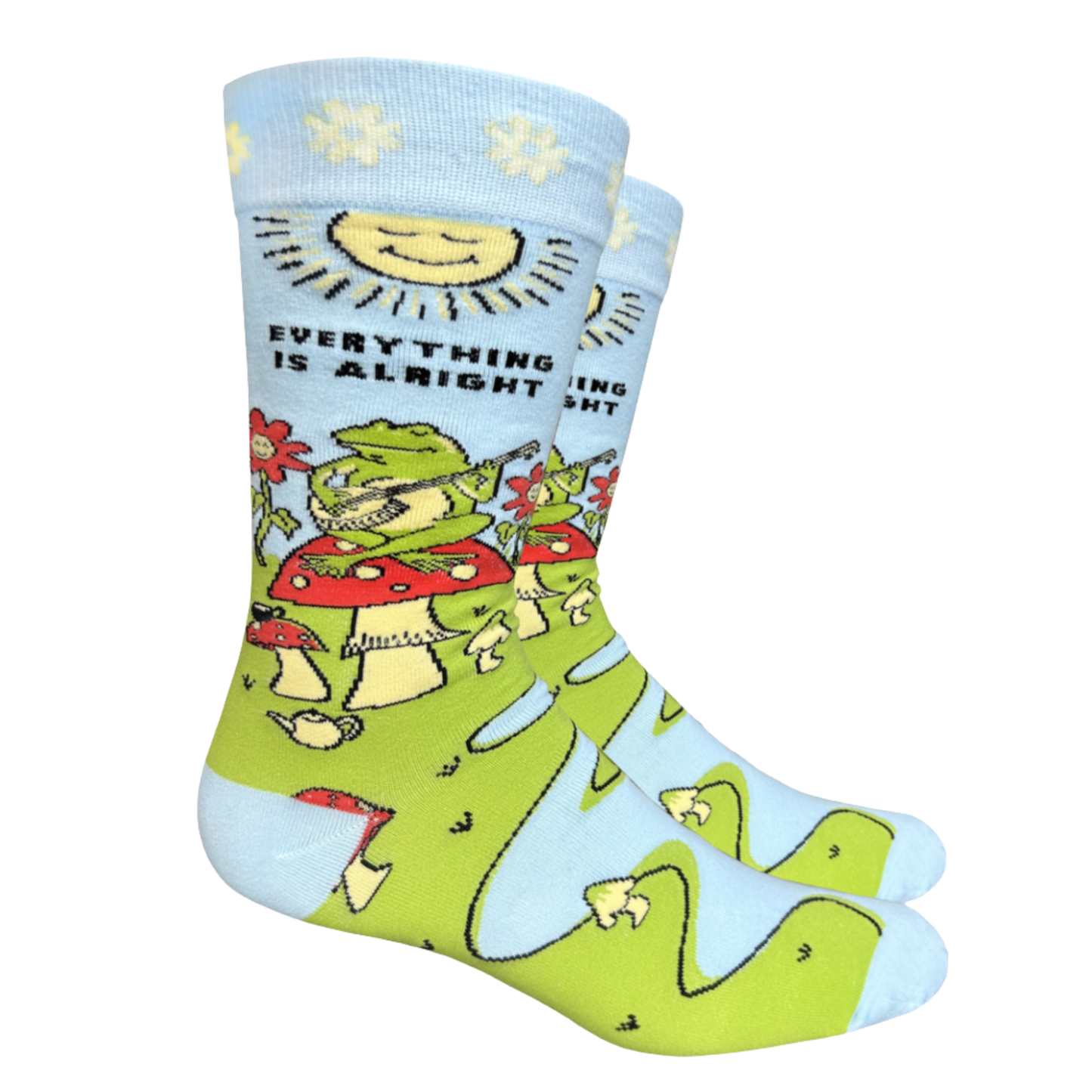 Everything Is Alright Socks. A pair of Socks depicting a blissed out frog sat on a magic mushroom. Bright blue toes, heels and cuffs.