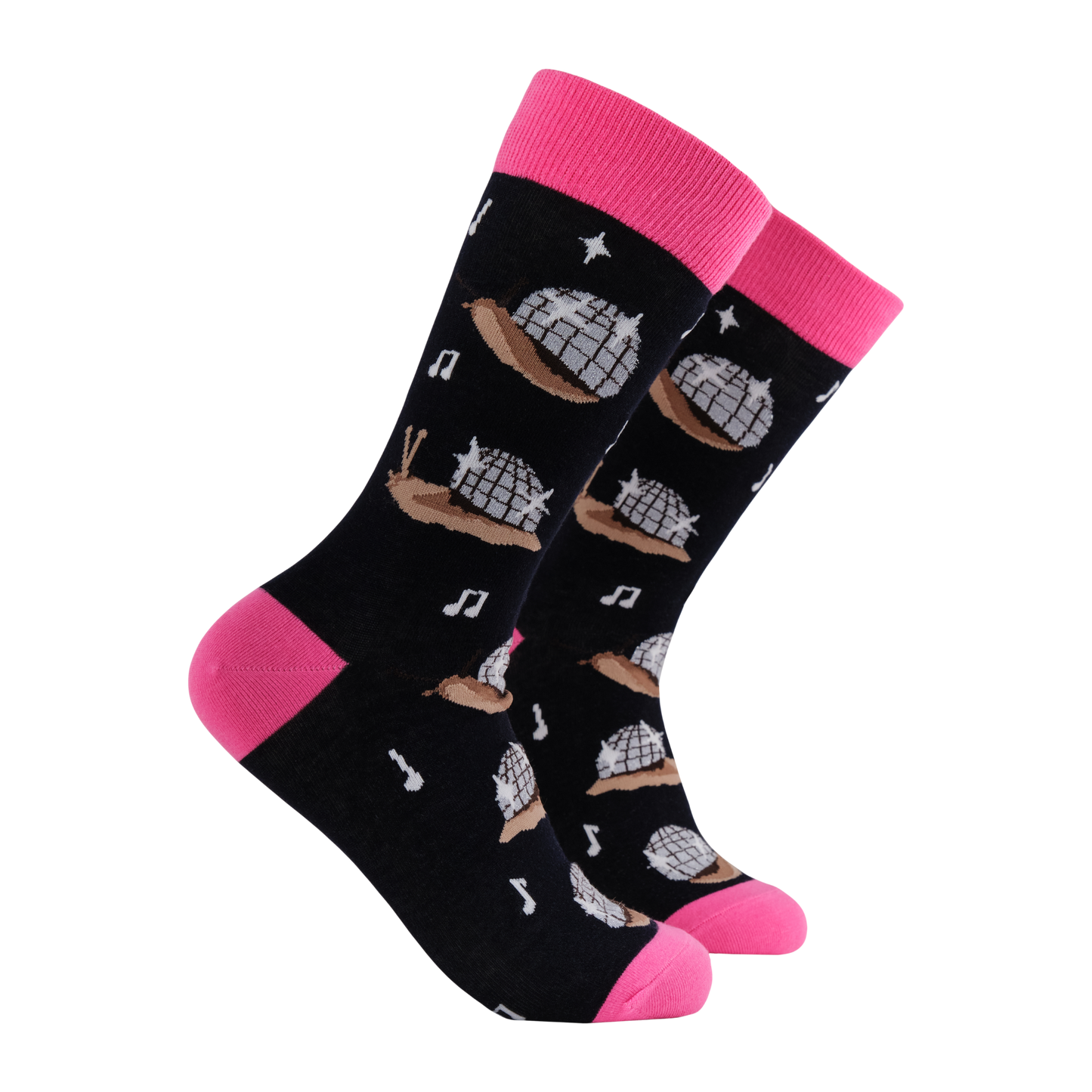 Disco Snail Socks - Escarglow. A pair of socks with a disco snail motif. Black legs, hot pink heel, toe and cuff.