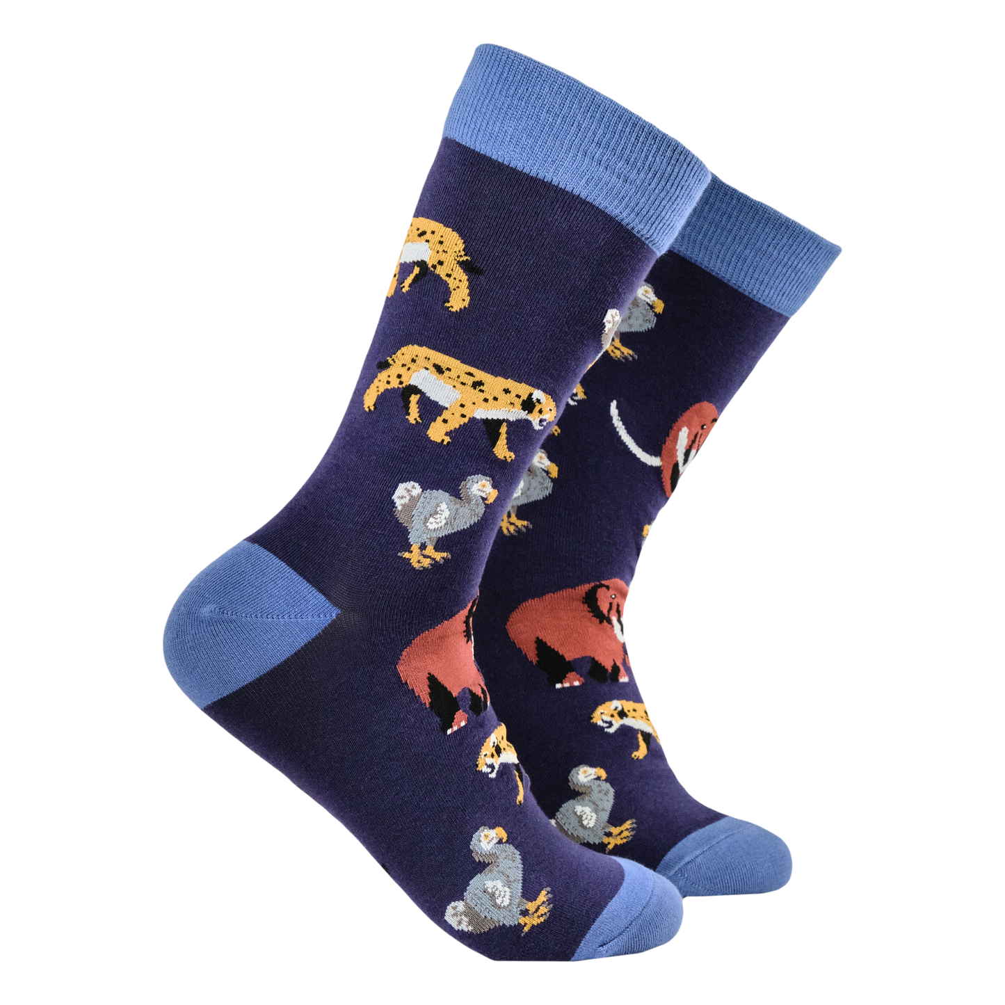 Extinction Bamboo Socks. A pair of socks featuring extinct animals. Dark blue legs, light blue heel, toe and cuff.