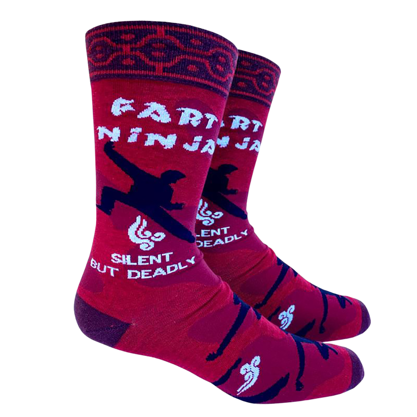 Fart Ninja Socks - Large. A pair of socks depicting a ninja doing a massive fart! Red and pink details with purple toes, heel and cuff.