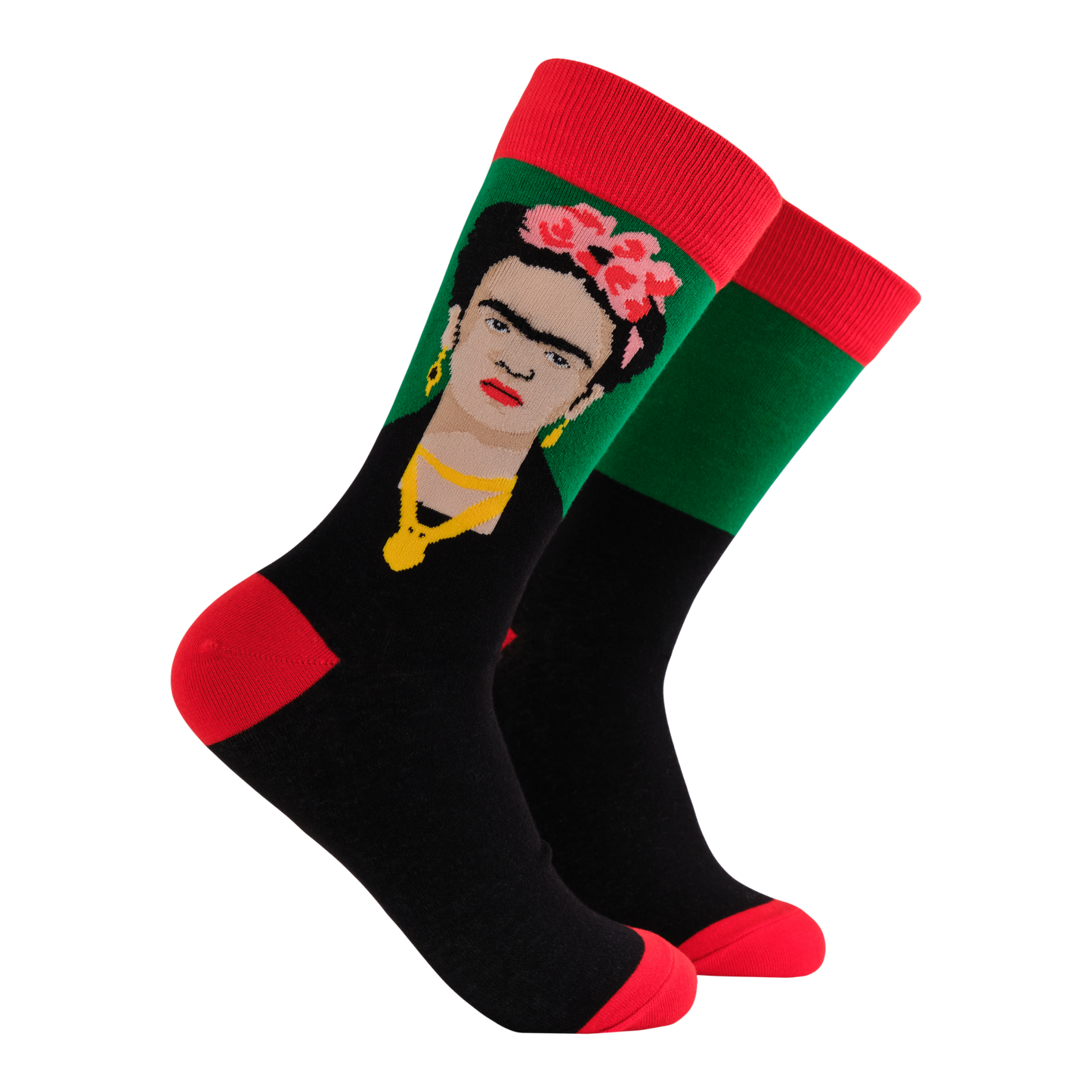 Frida Kahlo Socks - These Socks are SO Highbrow. A pair of socks featuring the iconic artist. Red legs, heel and toe.