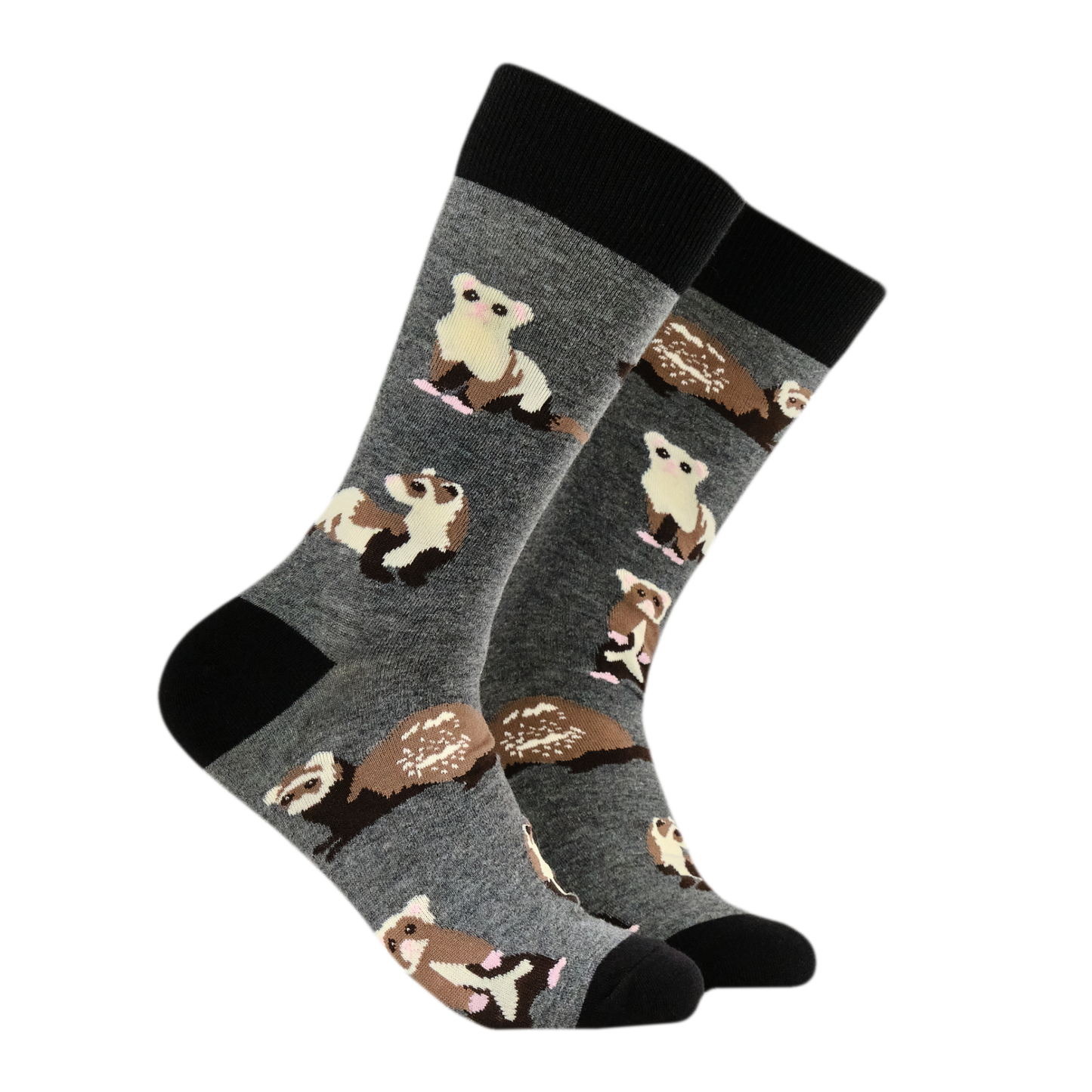 Ferreting Around Socks. A pair of socks featuring ferrets. Grey legs, black heel, toe and cuff.