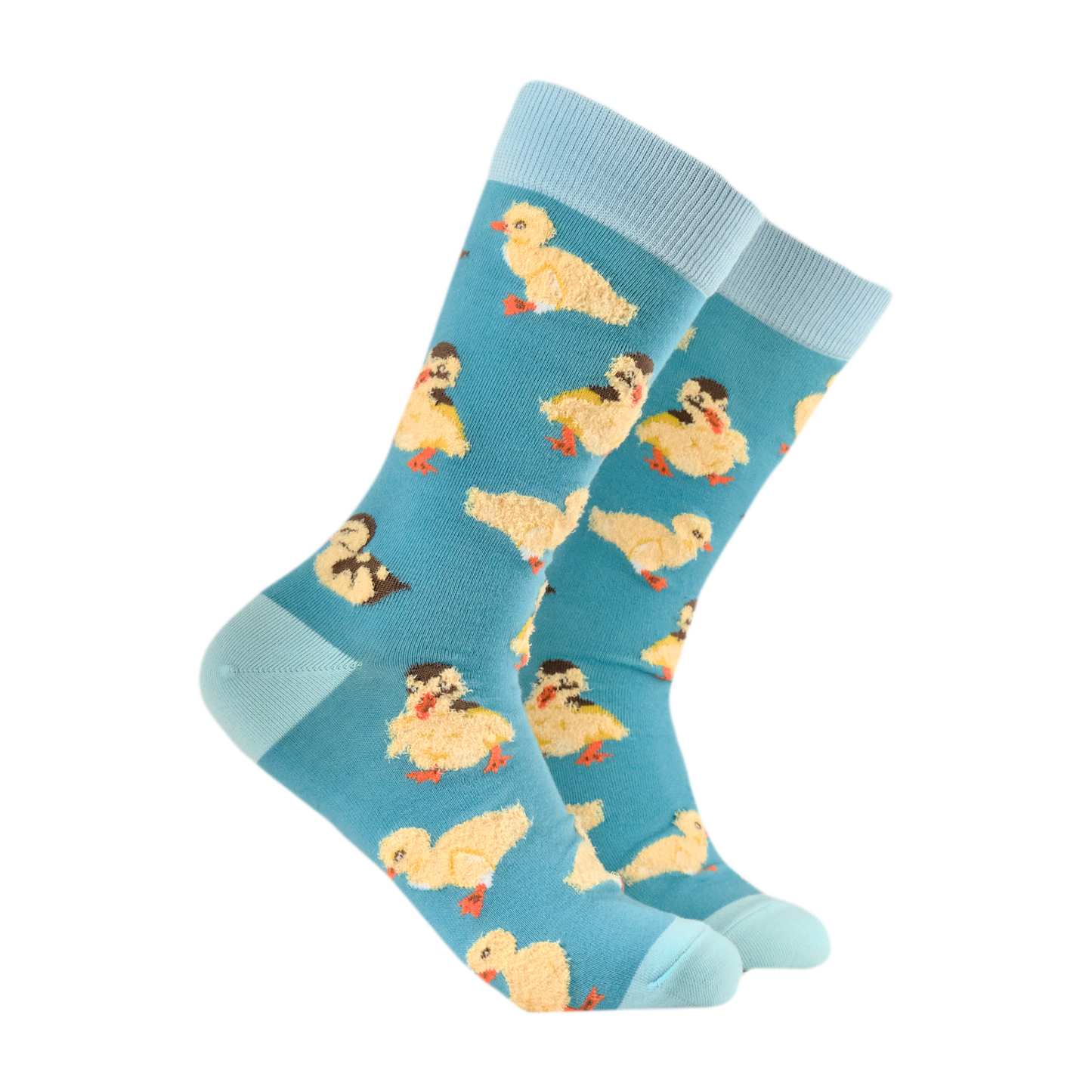 Fluffy Ducklings Socks. A pair of socks with fluffy ducklings. Teal legs, bright blue heel, toe and cuff.