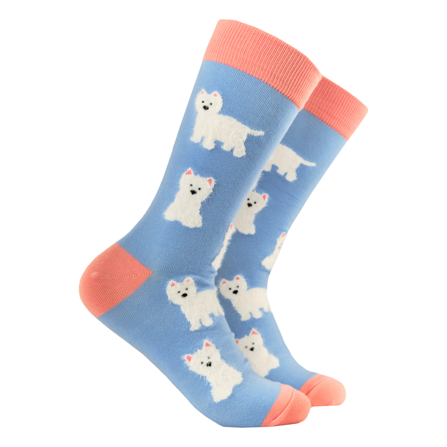 Fluffy Westies Socks. A pair of socks featuring fluffy westie dogs. Light blue legs, peach heel toe and cuff.