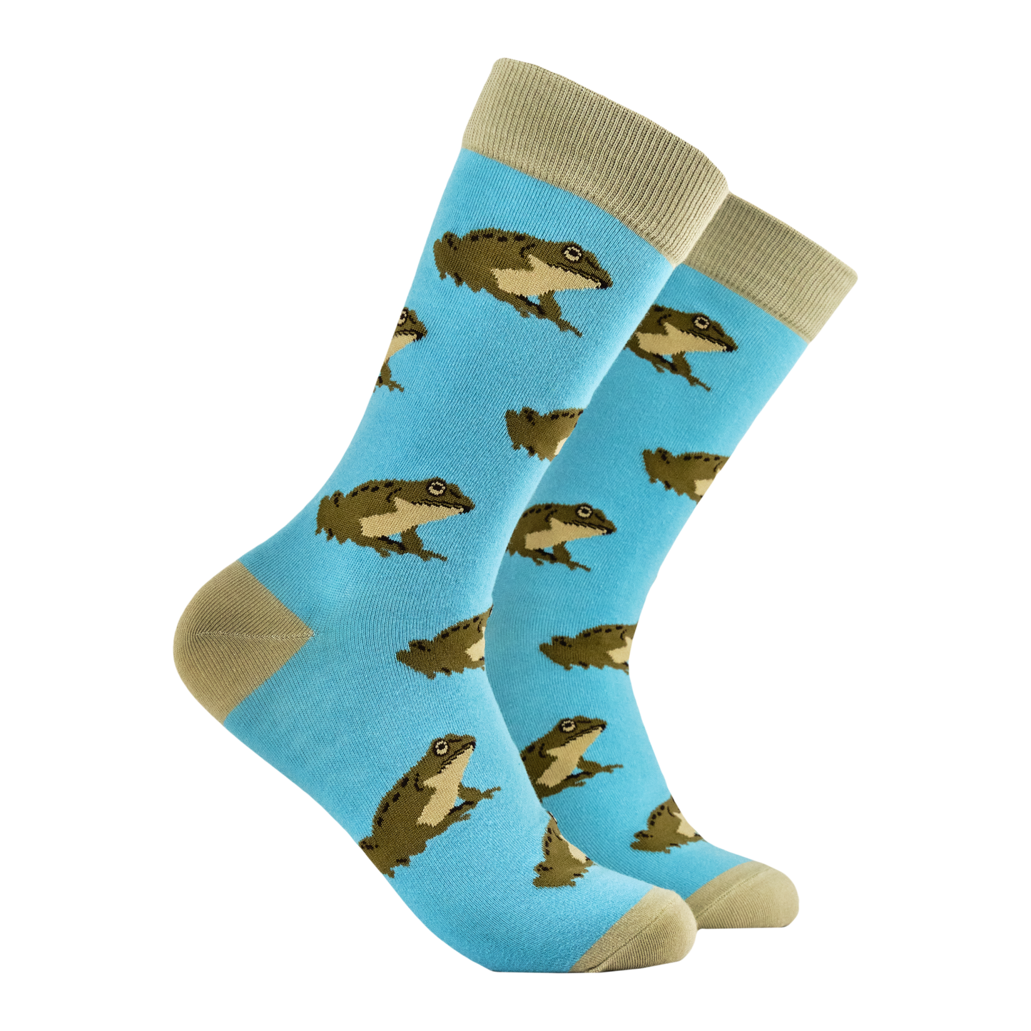 A pair of socks depicting frogs. Blue legs, brown heel, toe and cuff.