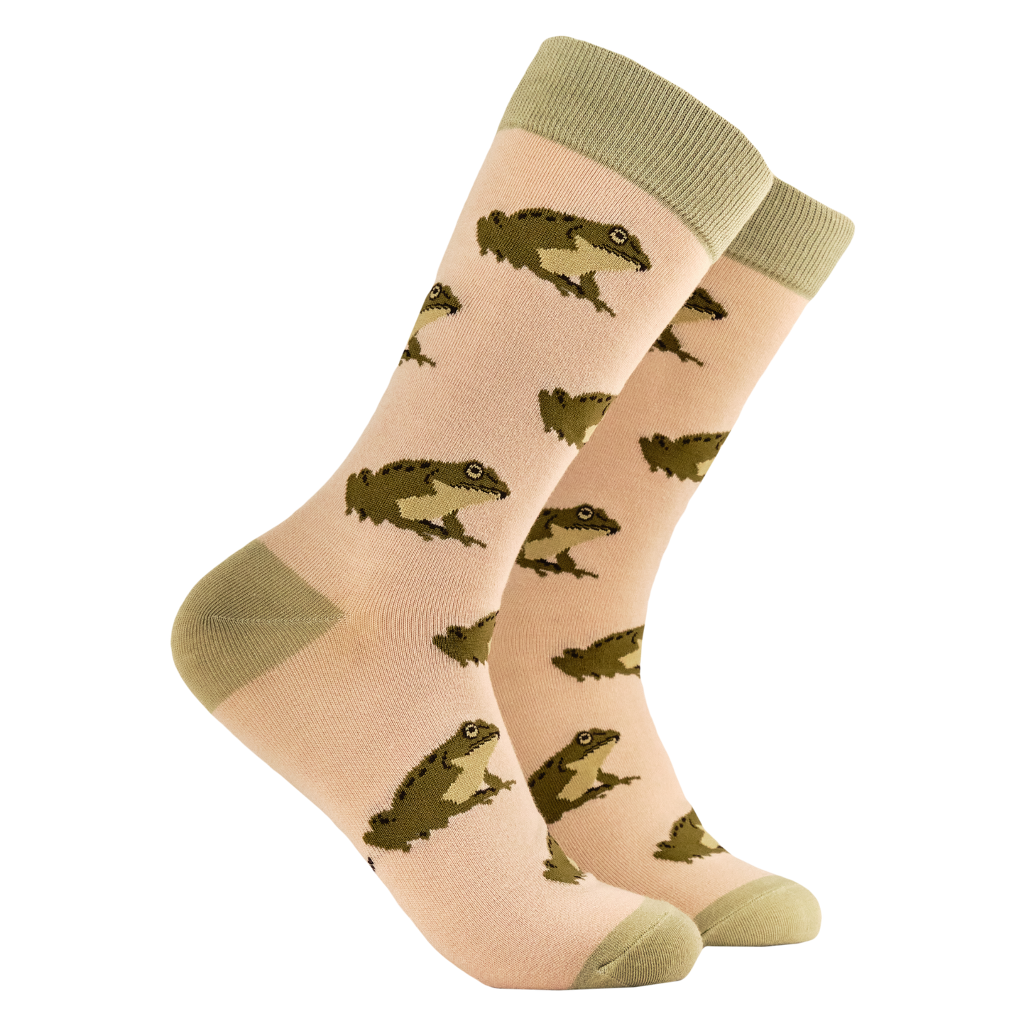 Frogs Bamboo Socks. A pair of socks depicting frogs. Beige legs, heel, toe and cuff.