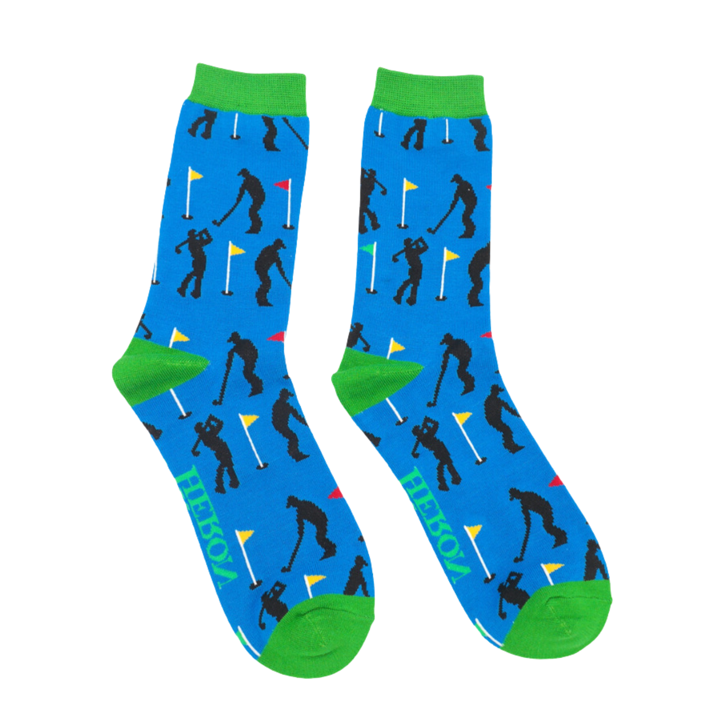 Golfers Bamboo Socks - Miss Sparrow. A pair of socks depicting golfers. Blue legs, bright green heel, toe and cuff.