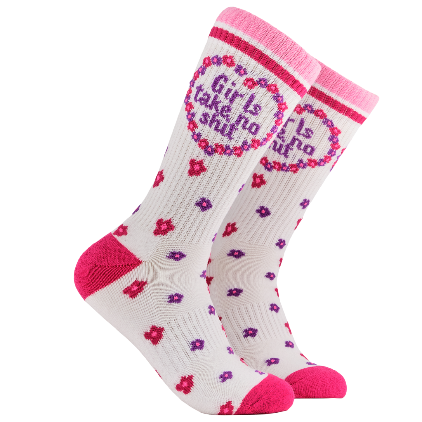 Feminist Socks - Girls Take No Shit Athletic. A pair of socks depicting the words