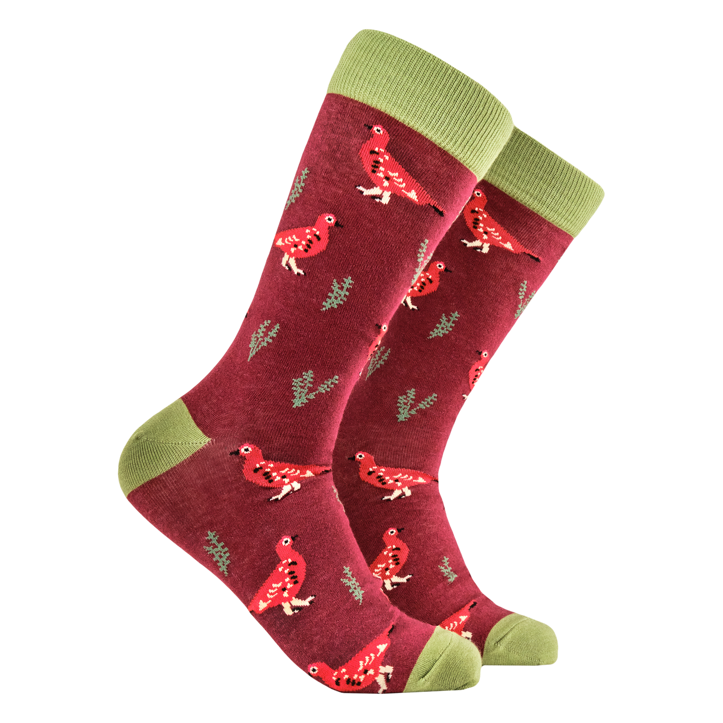 A pair of socks featuring a grouse motif. Red legs, green heel, toe and cuff.