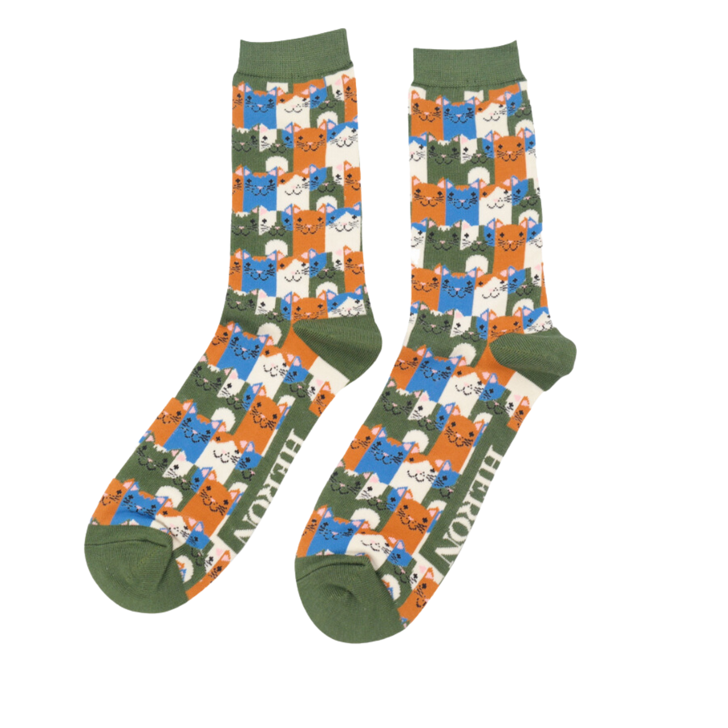 A pair of socks with a multicoloured happy anime cat pattern. Green heel, toe and cuff.