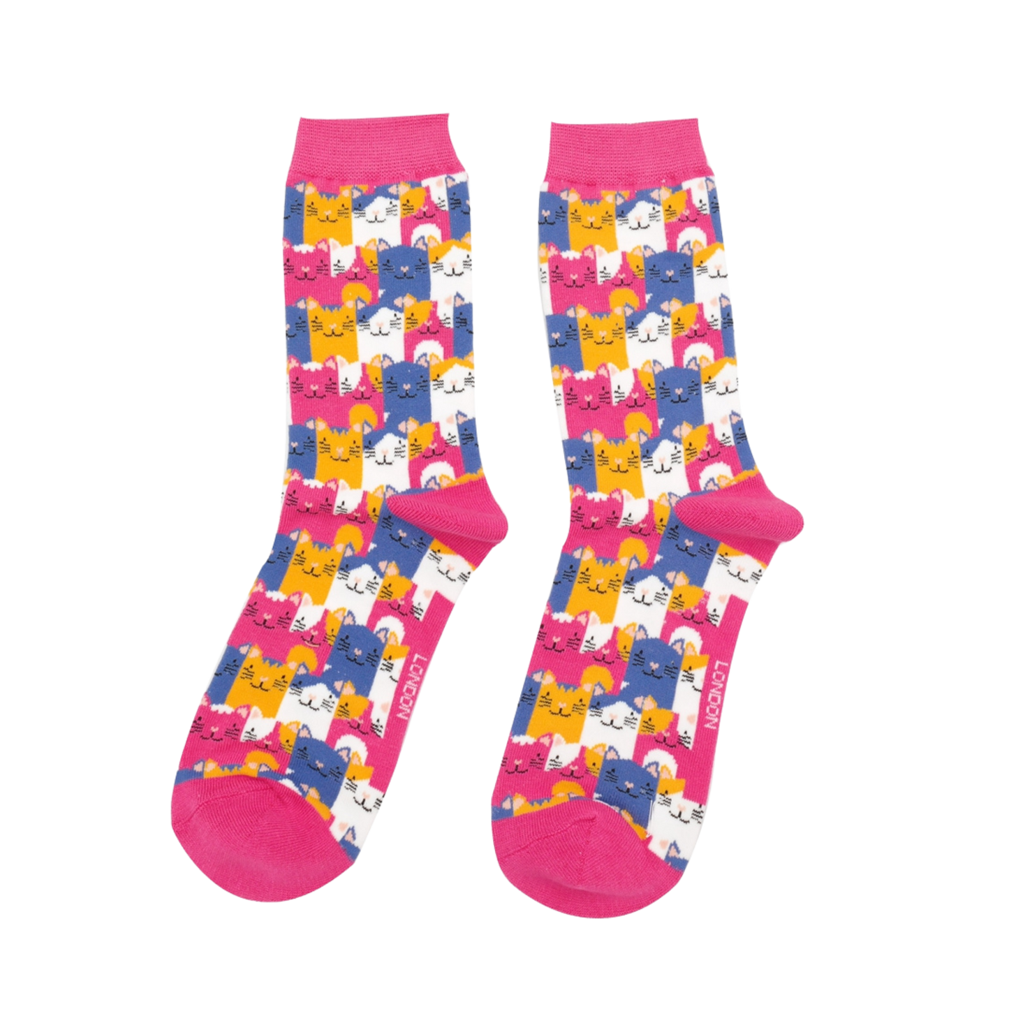 A pair of socks with a multicoloured happy anime cat pattern. Bright pink heel, toe and cuff.