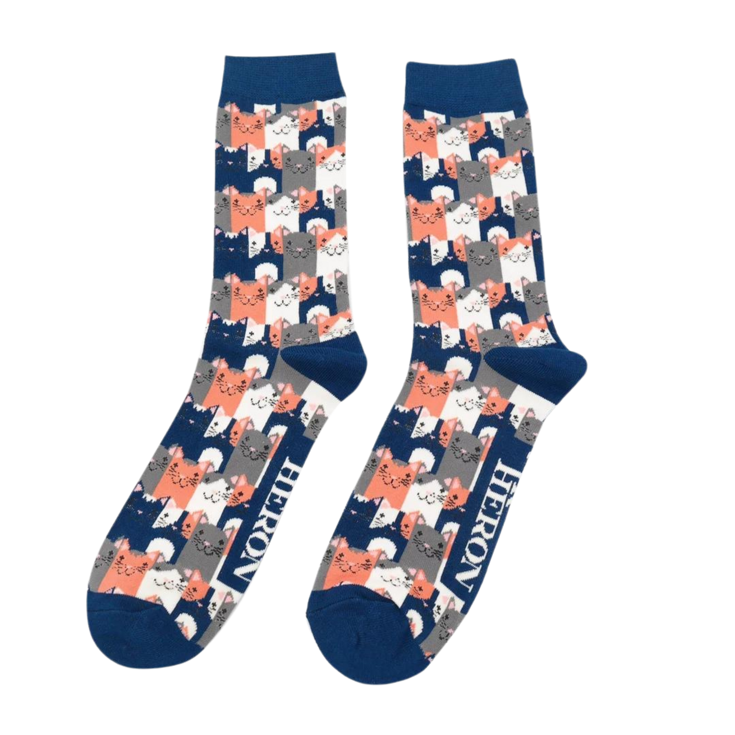 A pair of socks with a multicoloured happy anime cat pattern. Blue heel, toe and cuff.