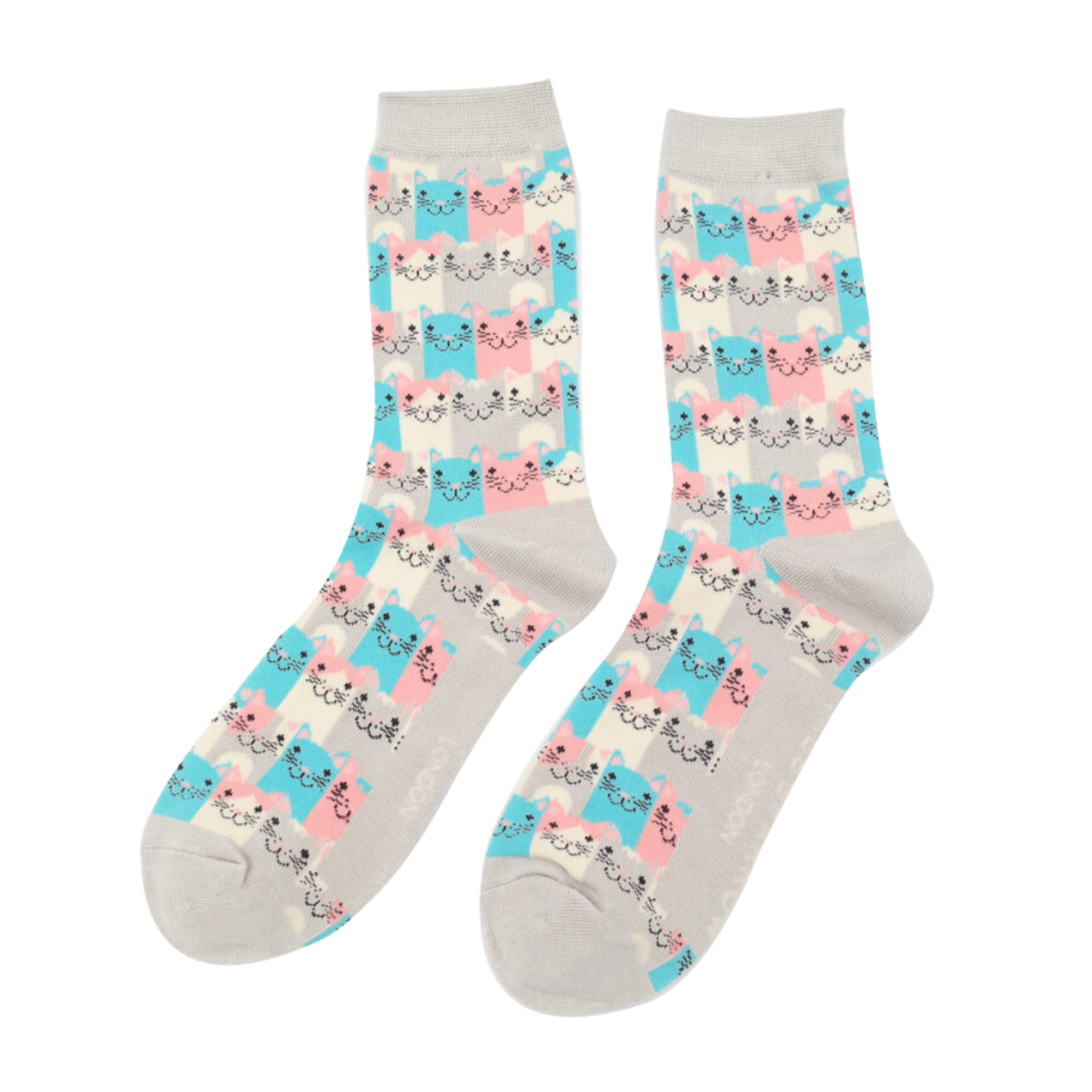 A pair of socks with a multicoloured happy anime cat pattern. Grey heel, toe and cuff.