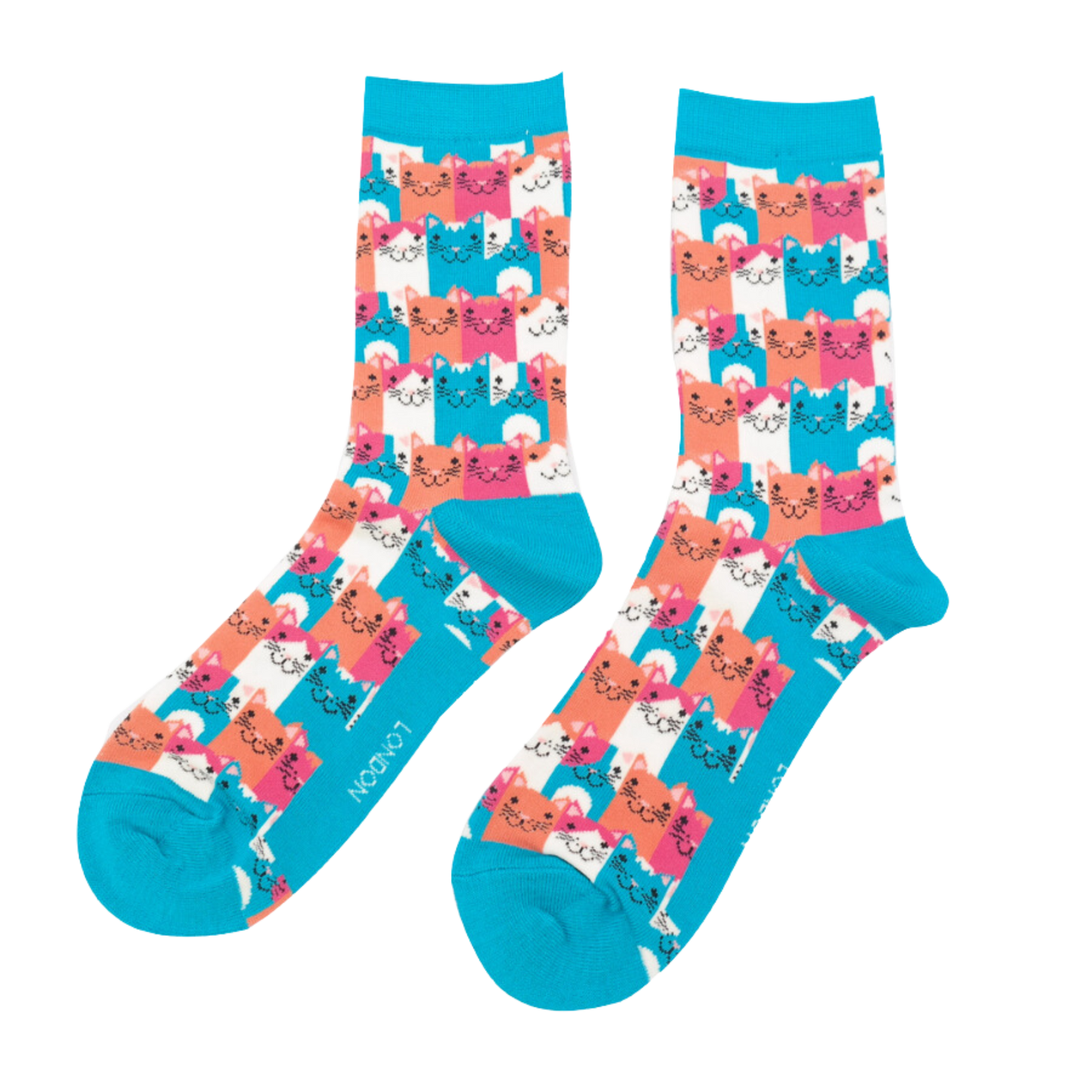A pair of socks with a multicoloured happy anime cat pattern. Bright blue heel, toe and cuff.