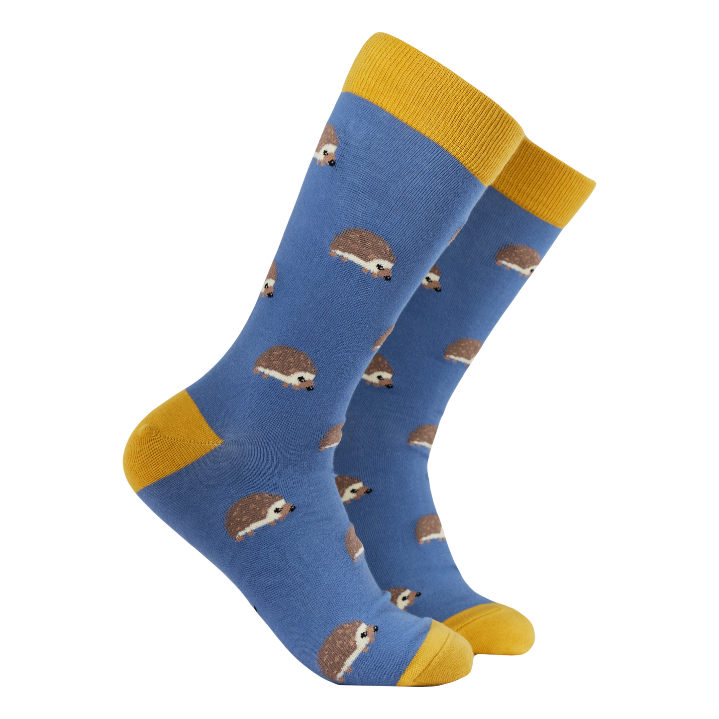 A pair of socks featuring cute hedgehogs. Dark blue legs, yellow heel, toe and cuff.