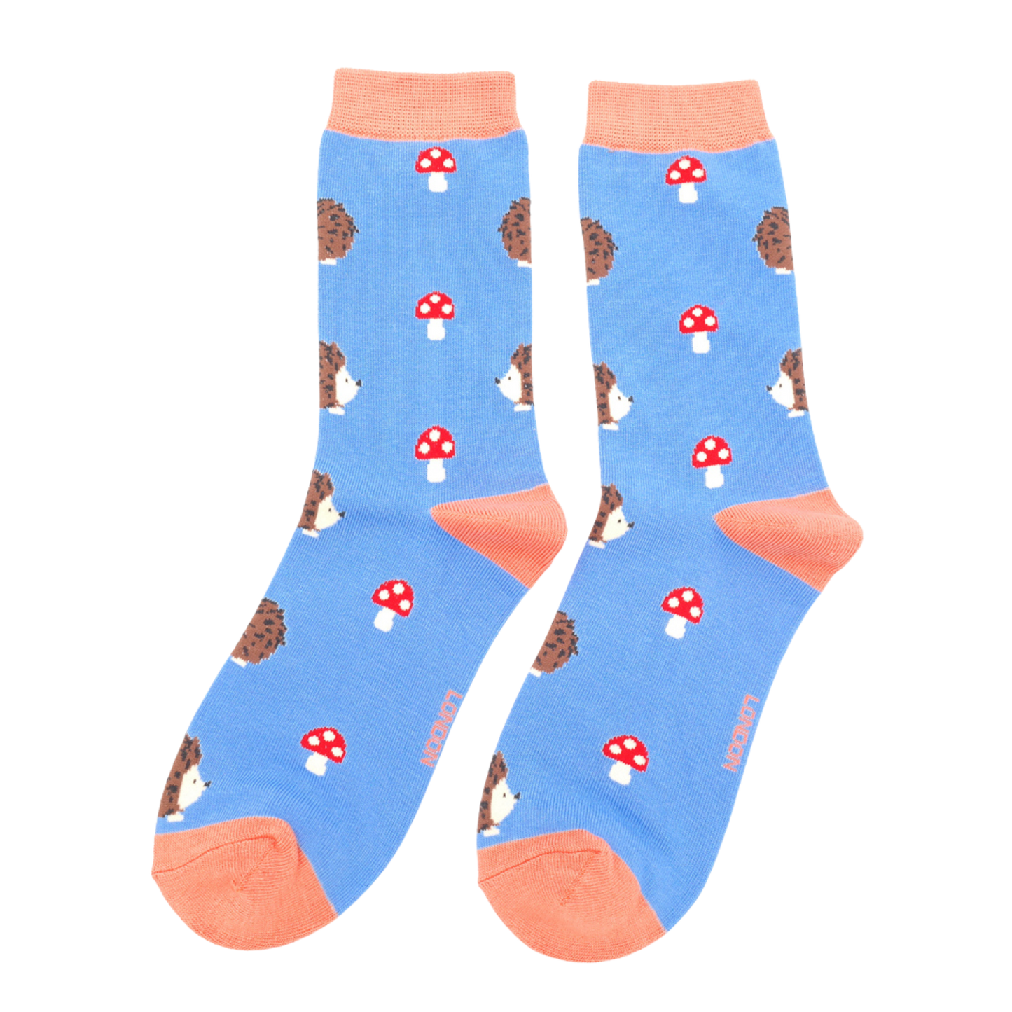 Hedgehogs and Toadstools Bamboo Socks - Miss Sparrow. A pair of socks depicting hedgehogs and toadstools. Blue legs, pink heel, toe and cuff.