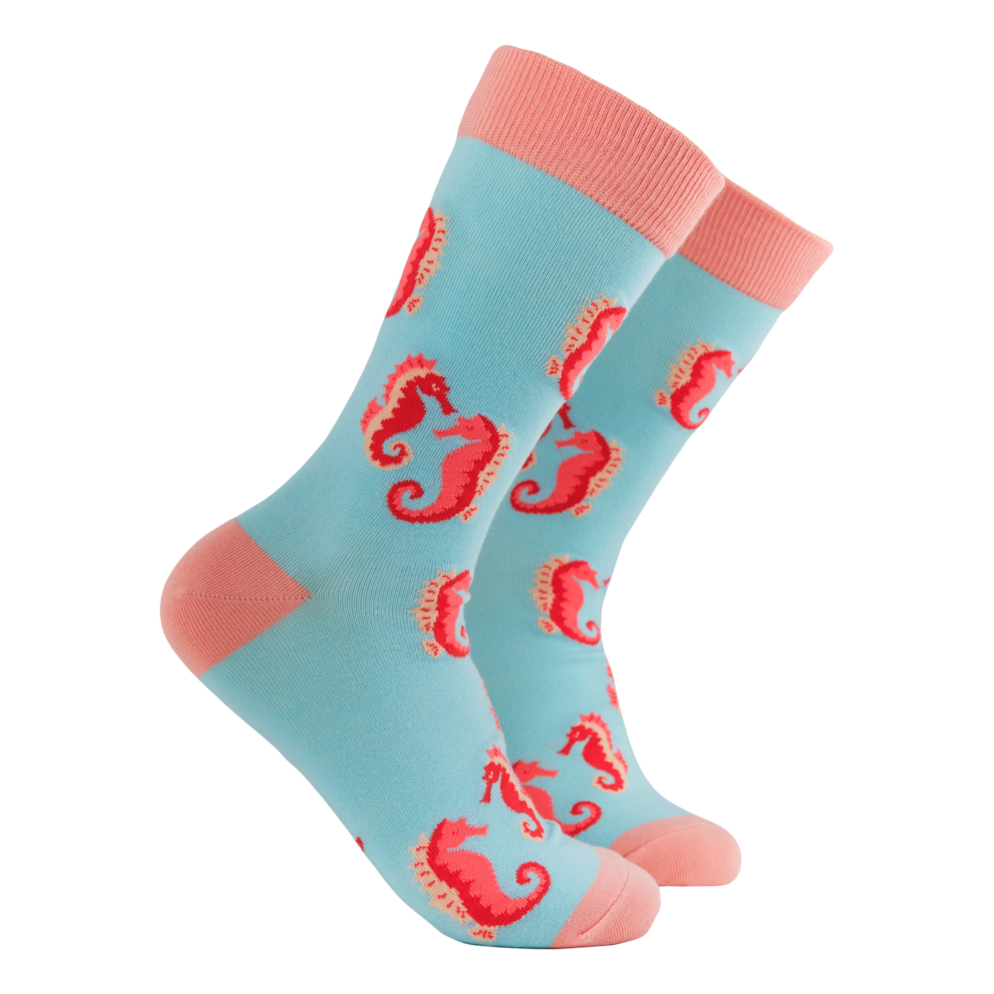 Seahorse Bamboo Socks - Hor-Sea. A pair of socks with a seahorse motif. Turquoise legs, pink heel, toe and cuff.