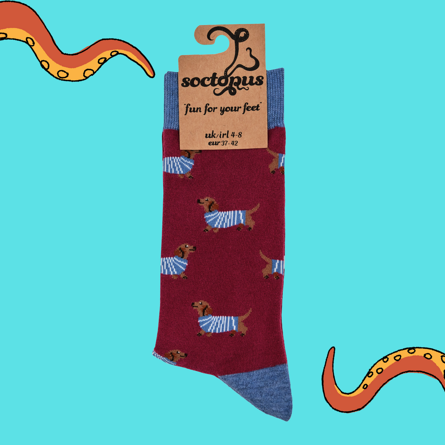 A pair of socks depicting sausage dogs wearing jumpers. Red legs, light blue cuff, heel and toe. In Soctopus Packaging.