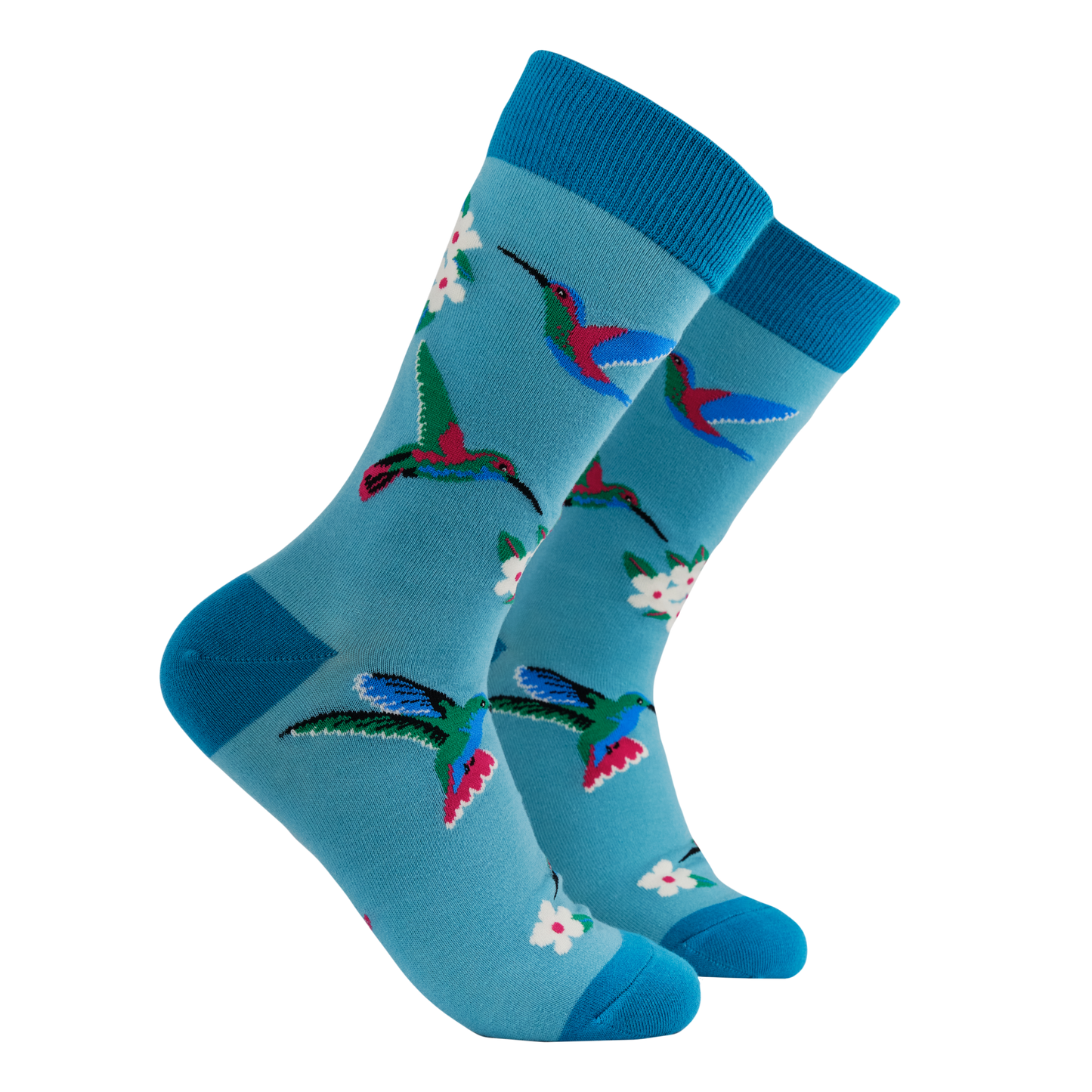 Hummingbird Bamboo Socks - Hummmazing. A pair of socks with a hummingbird motif. Blue legs, dark blue heel, toe and cuff.