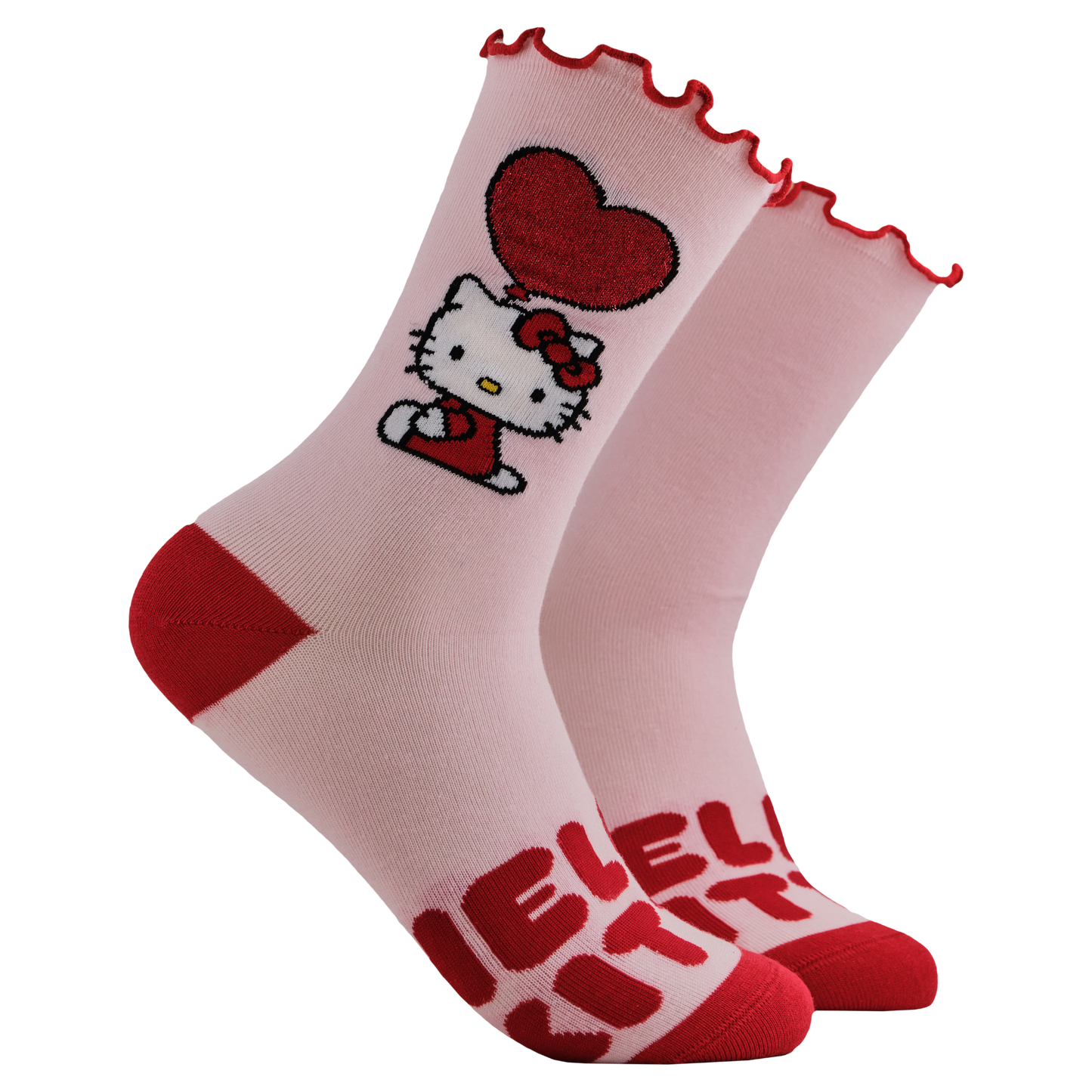 Hello Kitty Socks. A pair of socks depicting Japanese icon Hello Kitty. Pink legs, read toe and heel with a frilly red cuff.