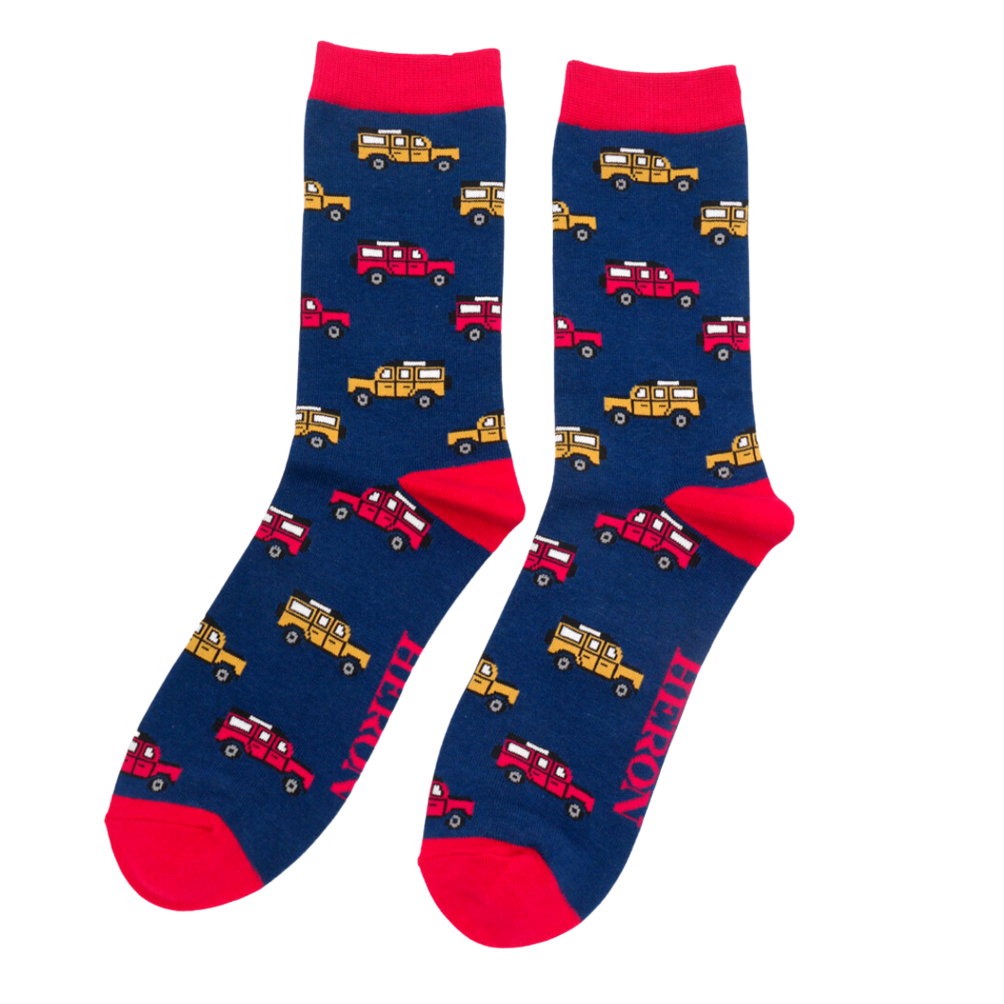 Jeep Bamboo Socks - Miss Sparrow. A pair of socks depicting jeeps. Dark blue legs, red cuff, toe and heel.