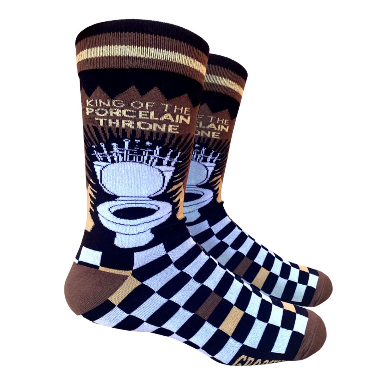 King of the Porcelain Throne Socks. A pair of socks depicting a toilet and a striking blue and black checked pattern. Brown toes, heel and cuff.