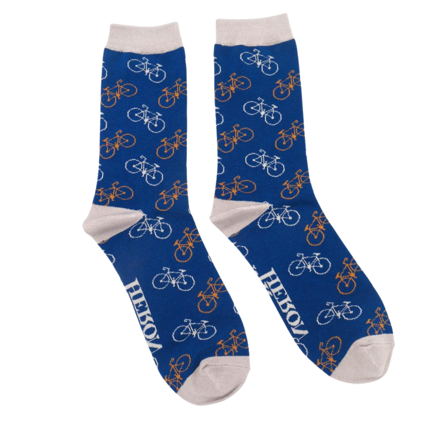 A pair of socks depicting bicycles. Blue legs, grey heel, cuff and toes.