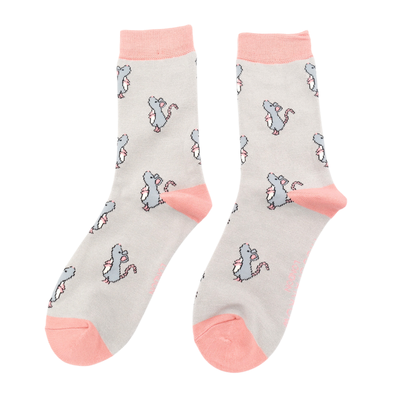Little Mice Bamboo Socks - Miss Sparrow. A pair of socks with a cute mouse pattern. Grey legs, pink heel, toe and cuff.