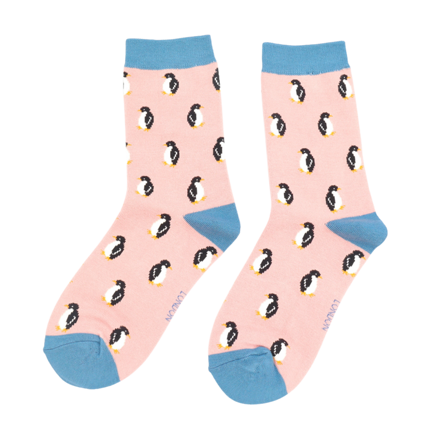 Little Penguins Bamboo Socks - Miss Sparrow. A pair of socks with a penguin pattern. Pink legs, light blue heel, cuff and toe.