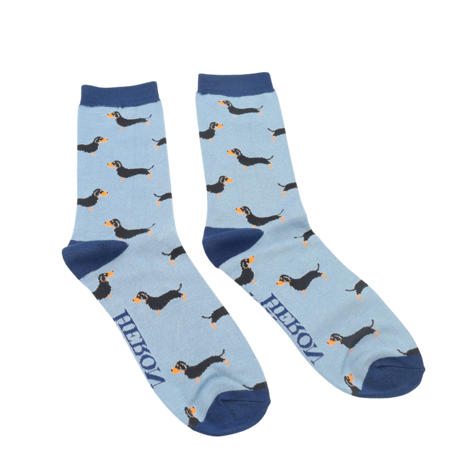 A pair of socks featuring a sausage dog pattern. Blue legs, dark blue cuffs, heel and toe.