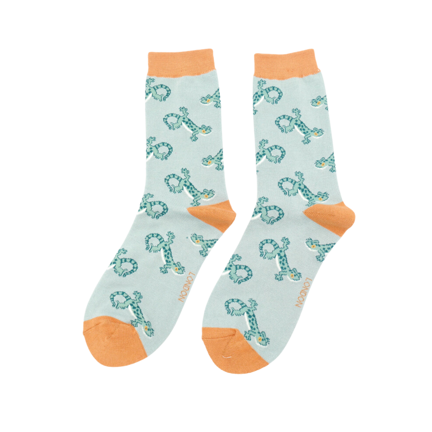 Lizards Bamboo Socks - Miss Sparrow. A pair of socks with a lizard pattern. Turquoise legs, orange heel, cuff and toe.