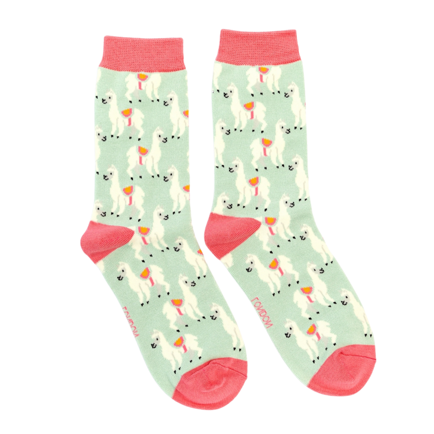 Llamas Bamboo Socks - Miss Sparrow. A pair of socks with a fun llama pattern. Light green legs. Pink cuff, heel and toe.
