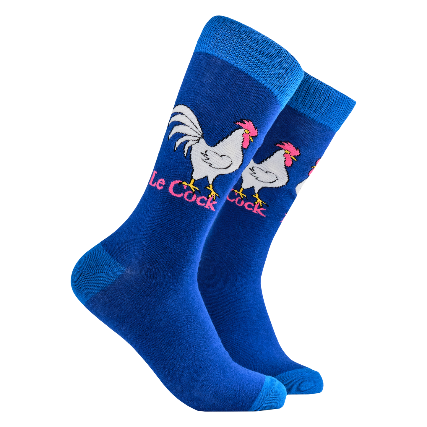 Le Cock Sock. A pair of socks depicting a rooster whos in charge. Blue legs, light blue heel, toe and cuff.