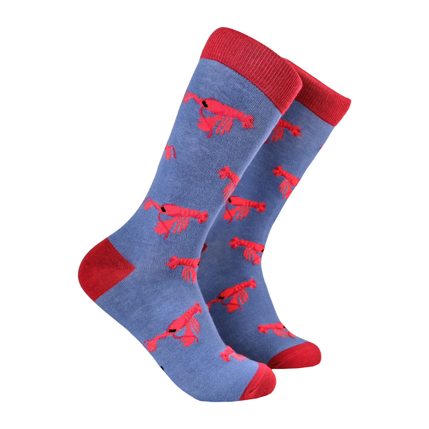 Lobster Bamboo Socks. A pair of socks with a lobster motif. Blue legs, red heel, toe and cuff.