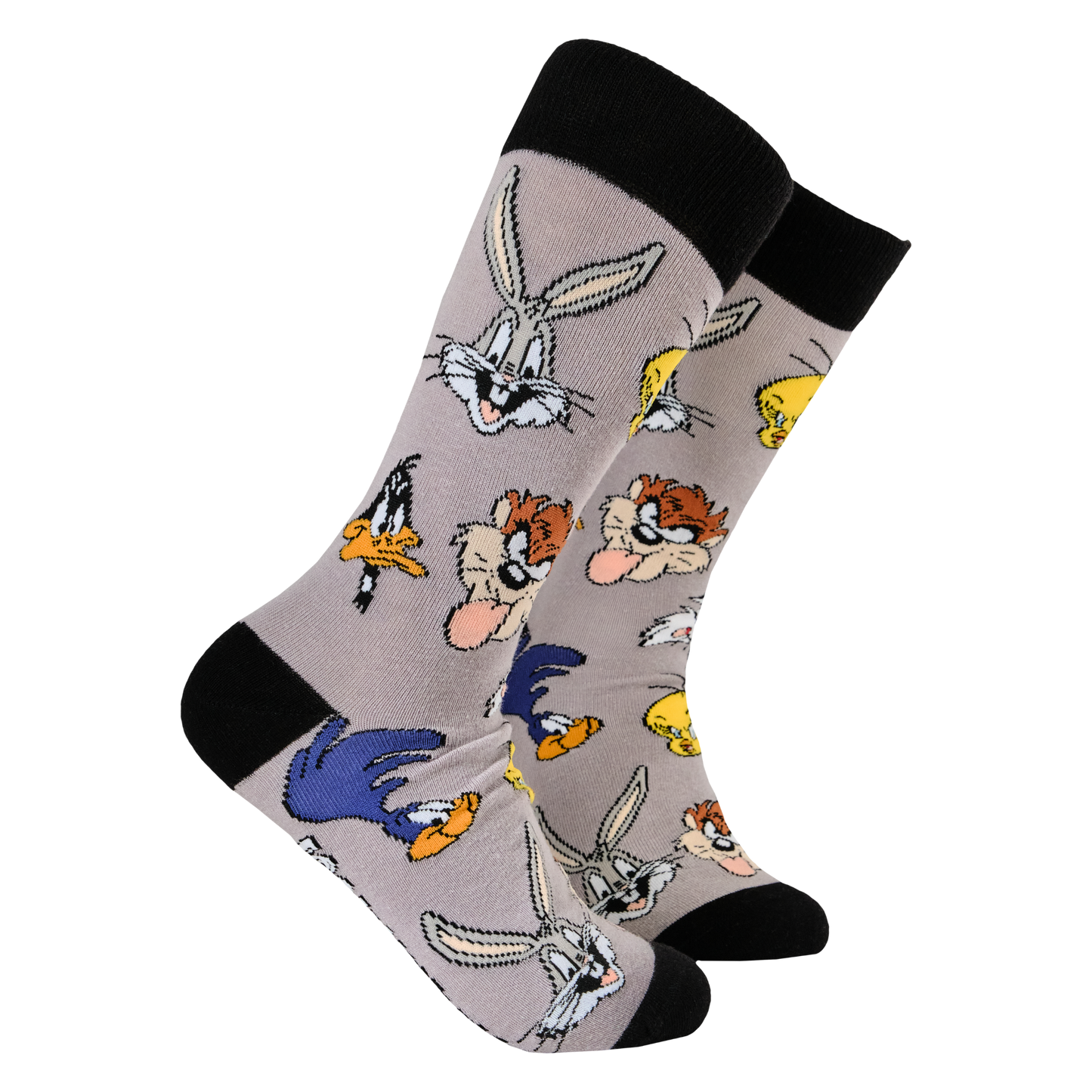 Looney Tunes Socks. A pair of socks featuring the famous looney tunes gang. Grey legs, black toe, heel and cuff.
