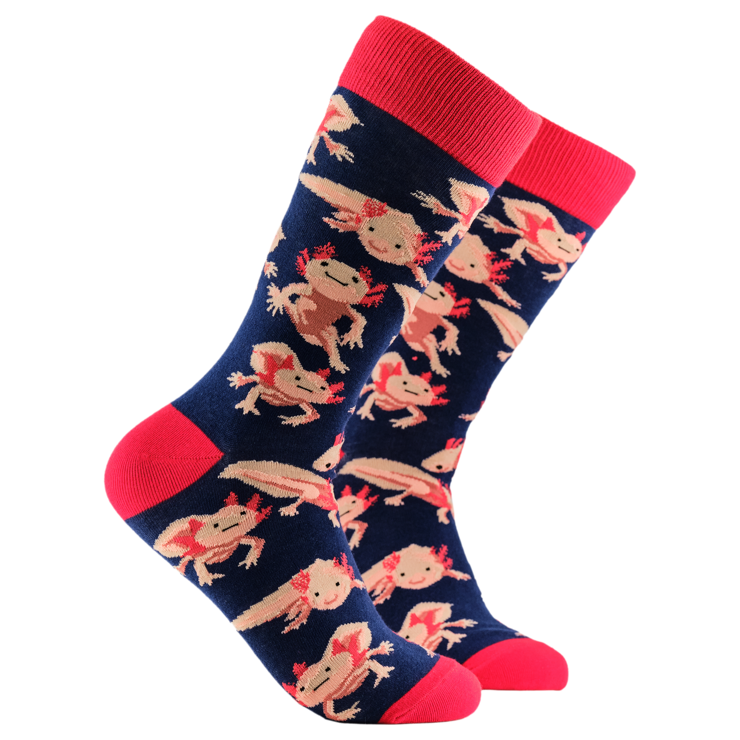Axolotl Socks - Lottia Axolotl. A pair of socks depicting Axolotls. Dark blue legs, red cuff, heel and toe.