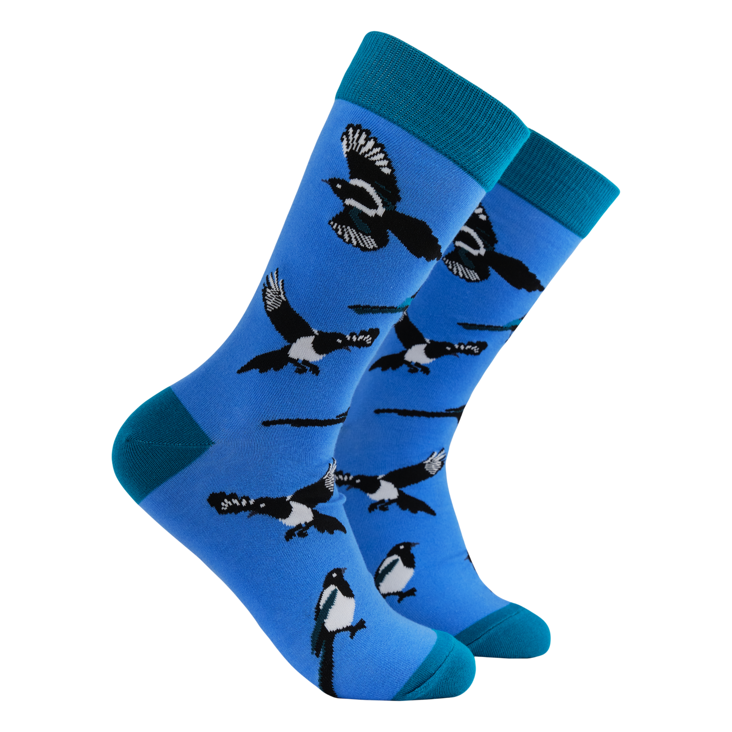 A pair of socks with a magpie motif. Blue legs, green heel, toe and cuff.