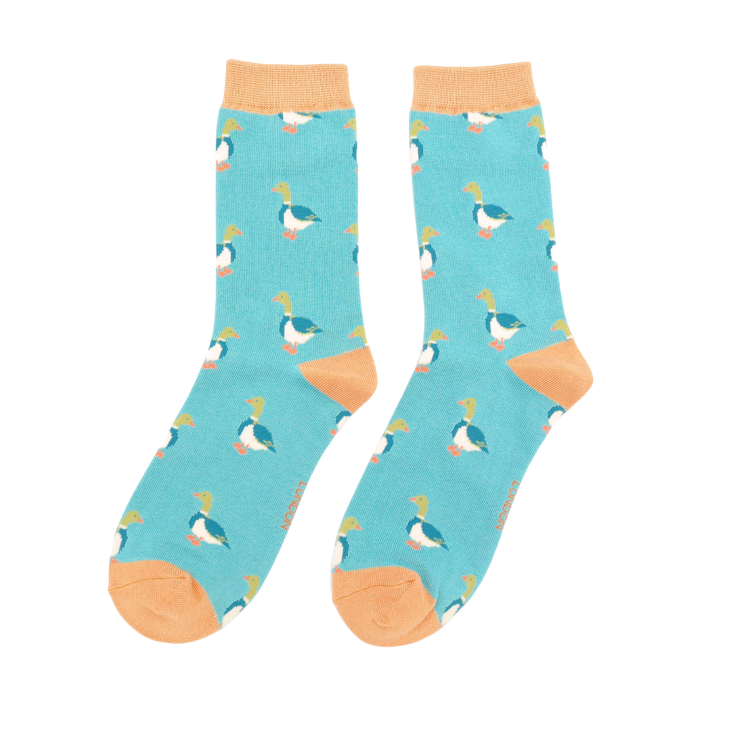 Mallards Bamboo Socks - Miss Sparrow. A pair of socks with a pattern of ducks. Teal legs, orange cuff, toe and heel.