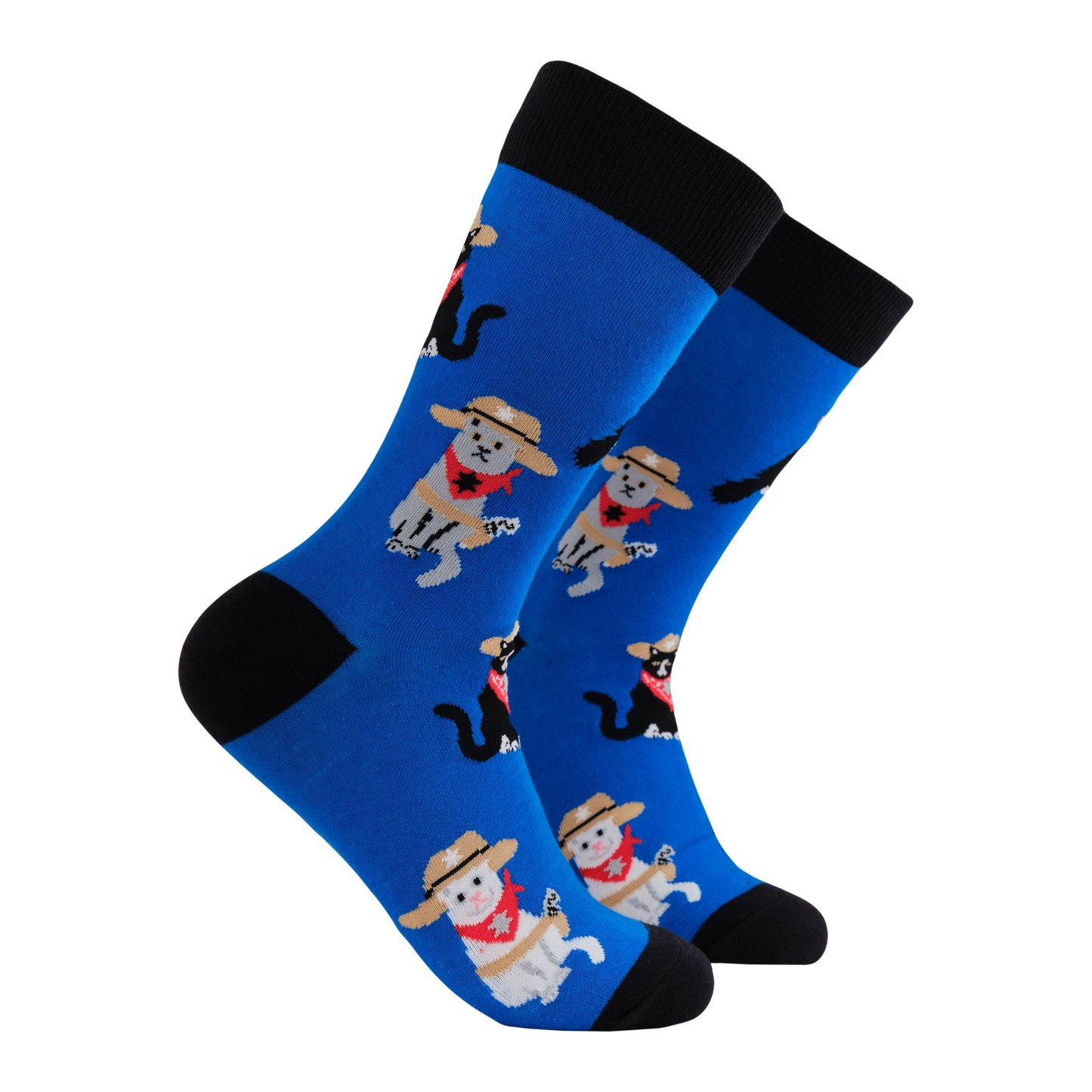 Cat Sheriff Socks - Meowdy Partner. A pair of socks featuring a cat with a sheriff's outfit. Blue legs, black heel, toe and cuff.