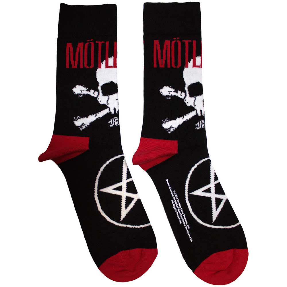 Motley Crue Skull & Crossbones Socks. A pair of socks featuring the Motley Crue logo and the skull and crossbones. Black legs, red heel and toe.