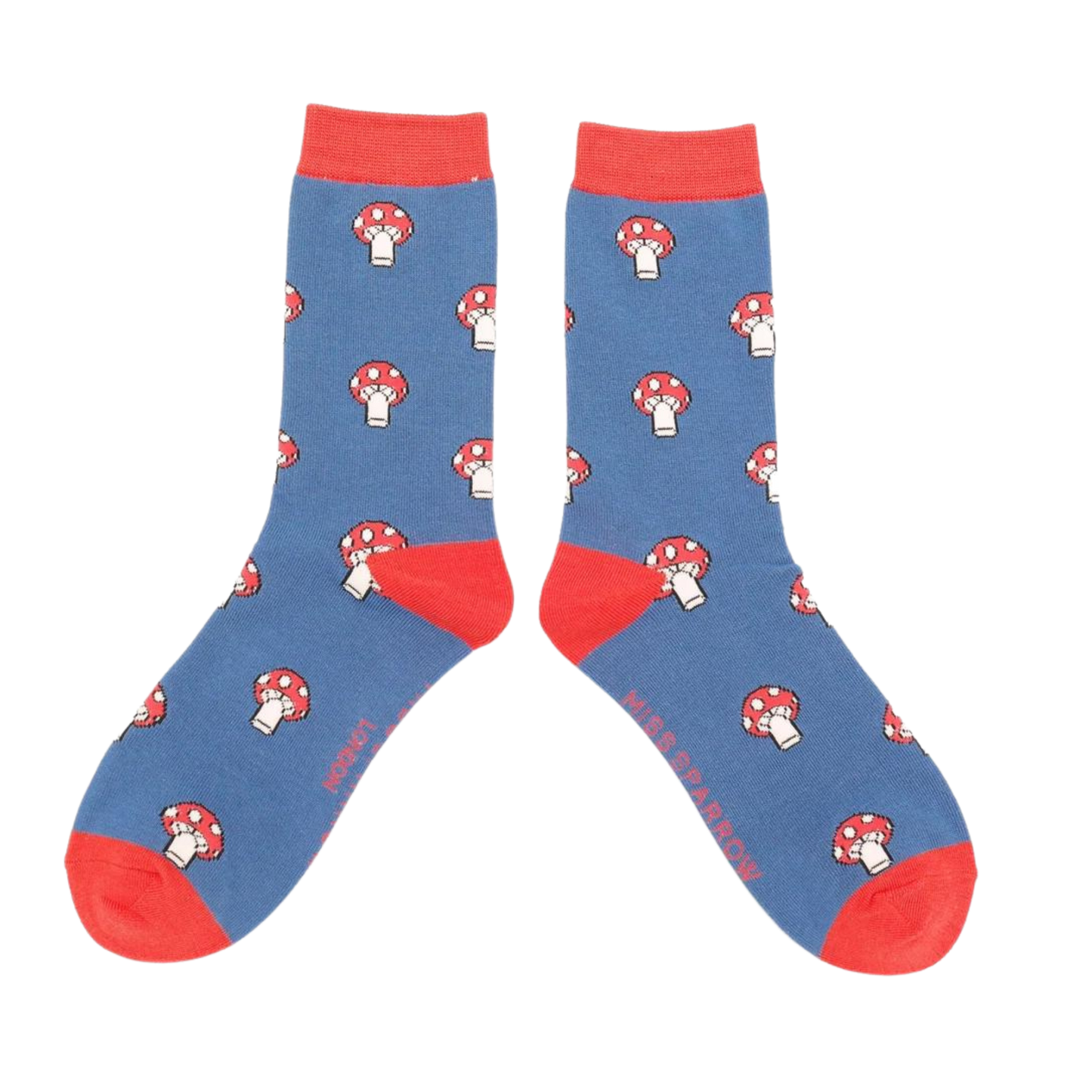Mushrooms Bamboo Socks - Miss Sparrow. A pair of socks with a mushroom pattern. Blue legs, red cuff, heel and toe.