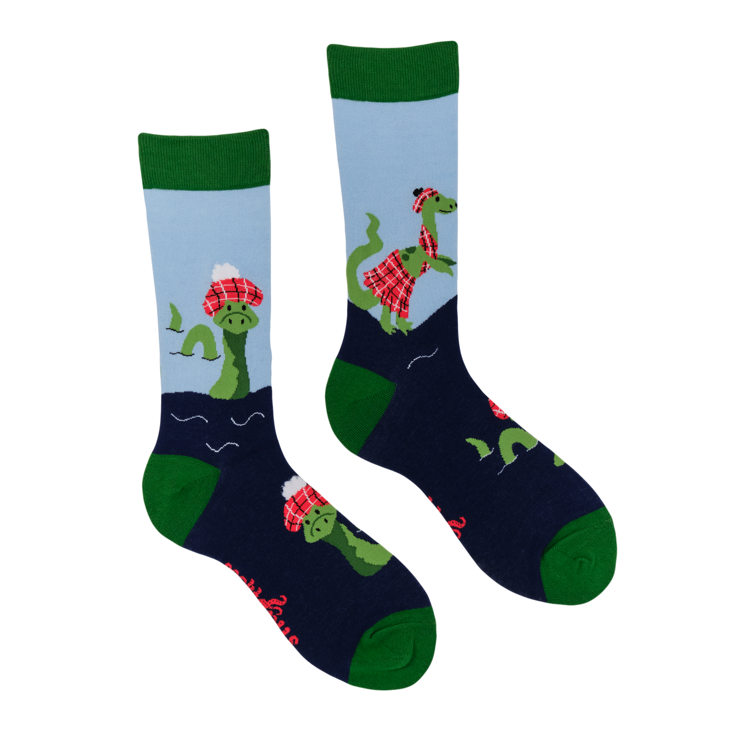 A pair of socks featuring the legendary Nessie. Blue legs, green heel toe and cuff.