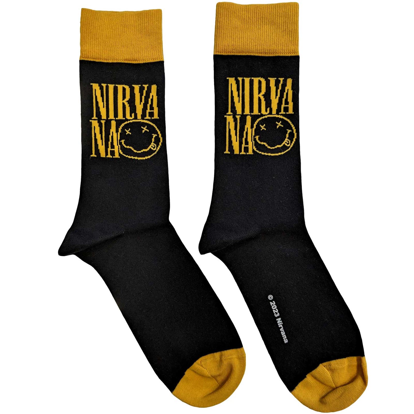 NIRVANA Logo Stacked Socks. A pair of socks with the classic Nirvana Logo. Black legs, yellow toe and cuff.