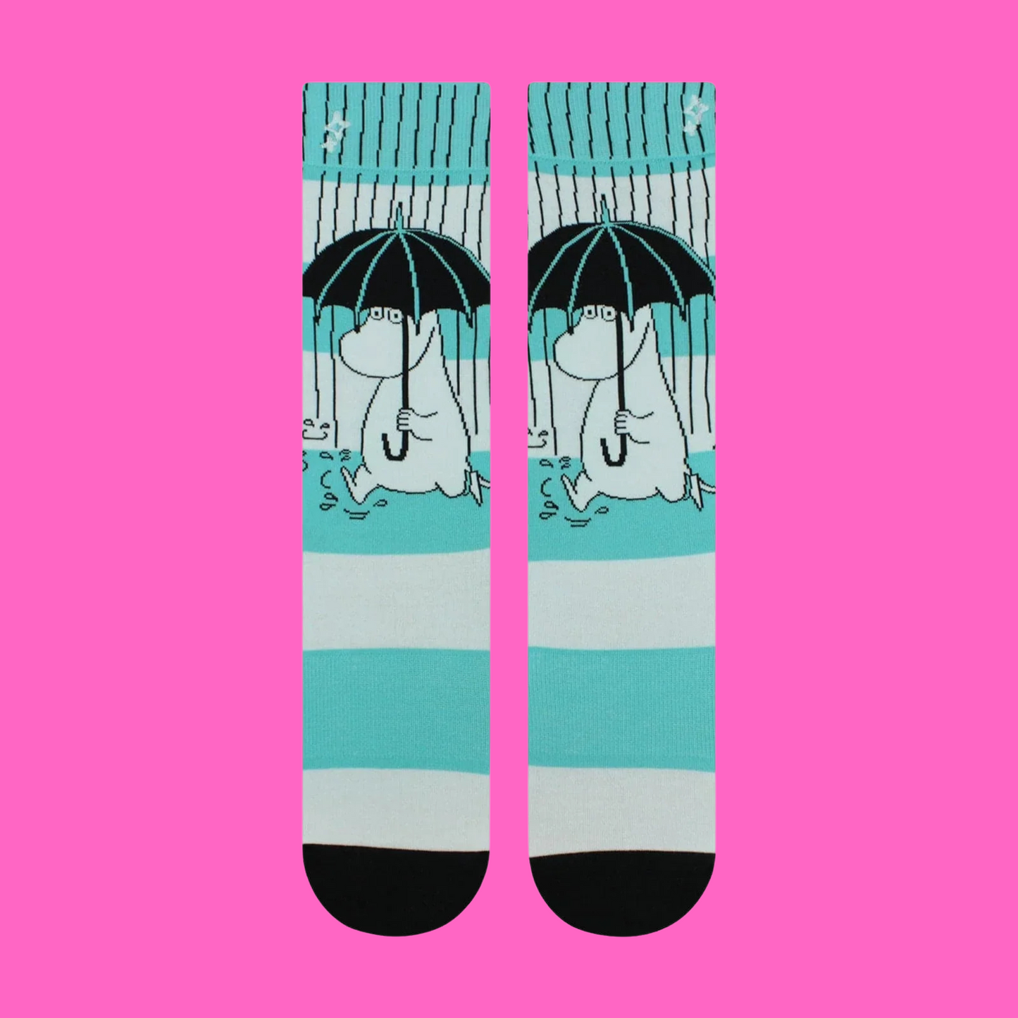 Moomin Rain Socks. A pair of socks featuring a moomin in the rain.