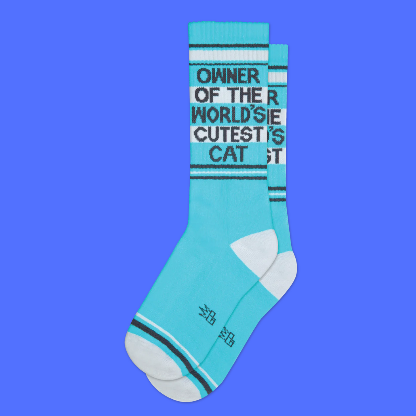 Owner of the World's Cutest Cat Athletic Socks. A pair of blue socks with a cat slogan.