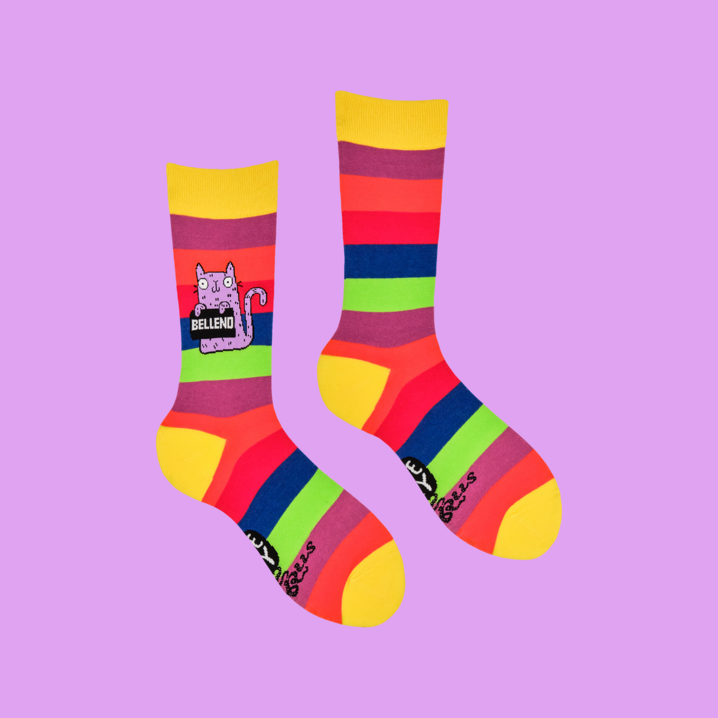 A pair of socks designed by artist Katy Abey,  featuring a cat holding a sign that says Bellend.