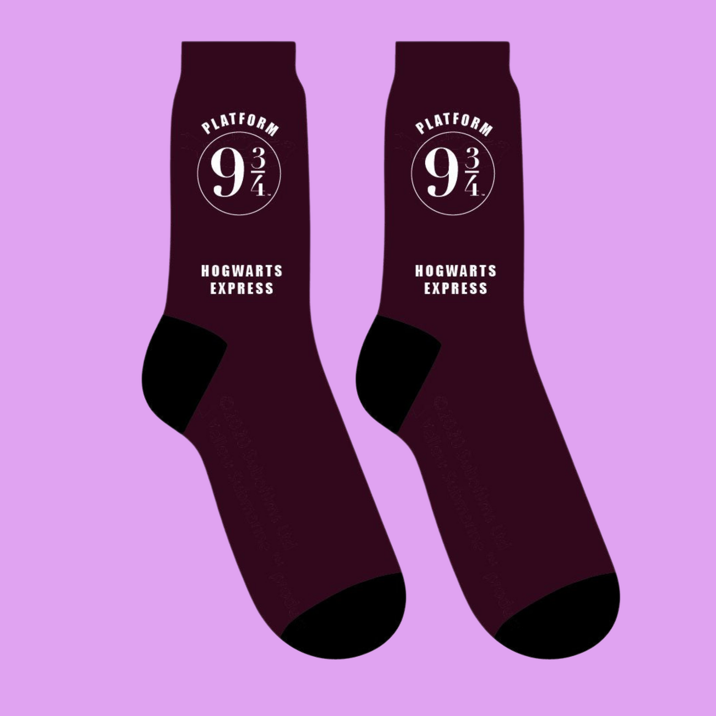 Harry Potter Platform 9¾ Socks. A pair of socks that are ready for your journey to hogwarts. Maroon legs, black toes and heel.