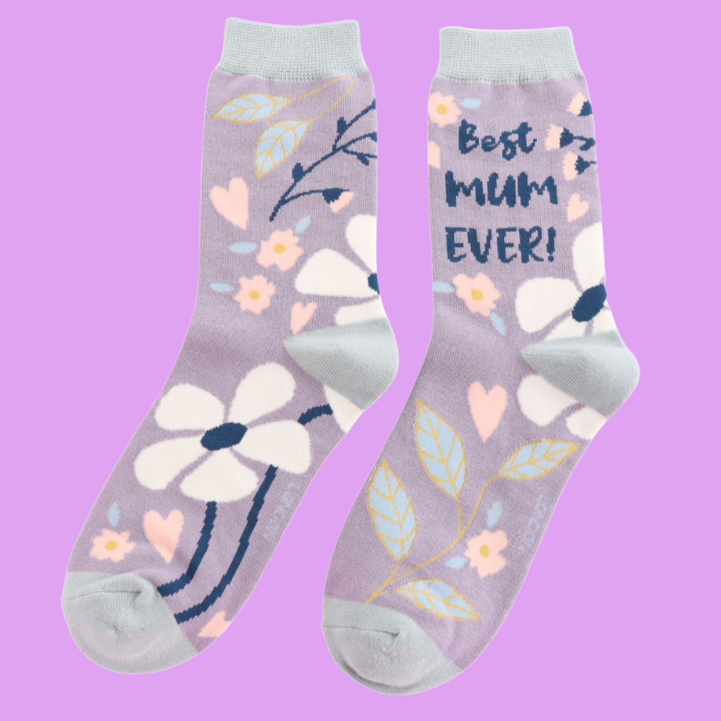 A pair of socks with a floral motif and best mum ever slogan. Purple legs and grey heel toe and cuff.
