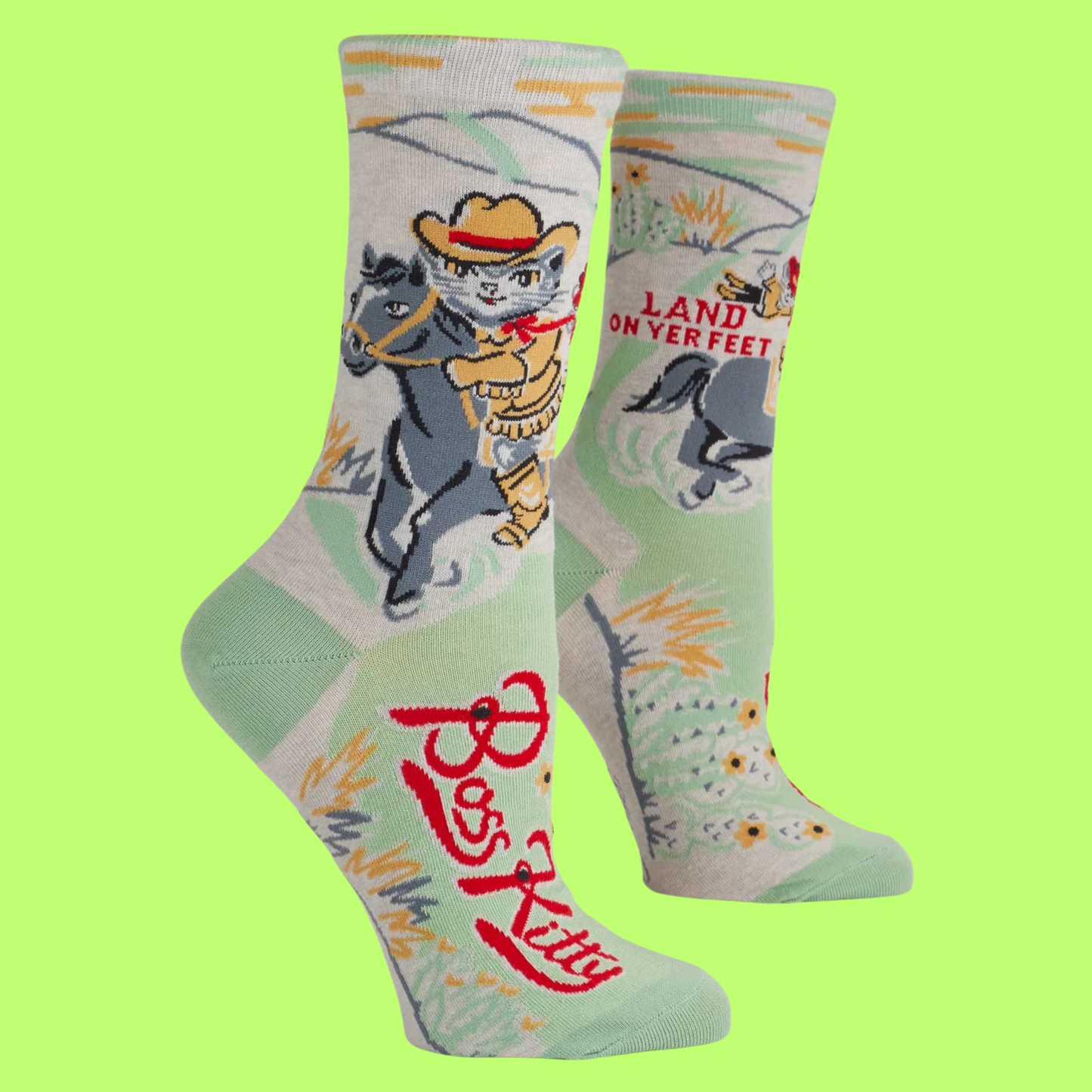Boss Kitty Socks. A pair of socks featuring Boss Kitty. A cat riding on a horse.