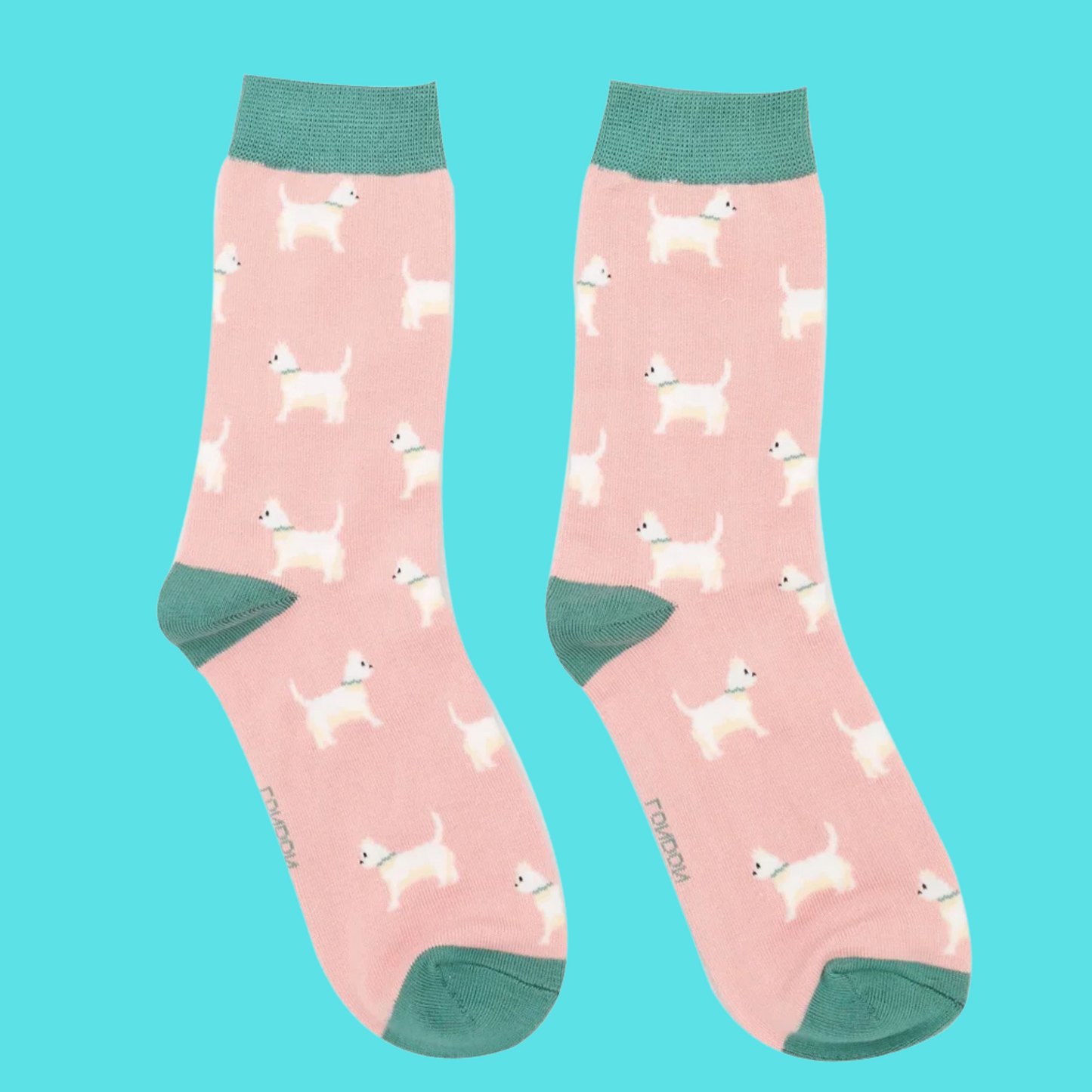 A pair of socks featuring cute scottie dogs. Pink legs, green heel, toe and cuff.